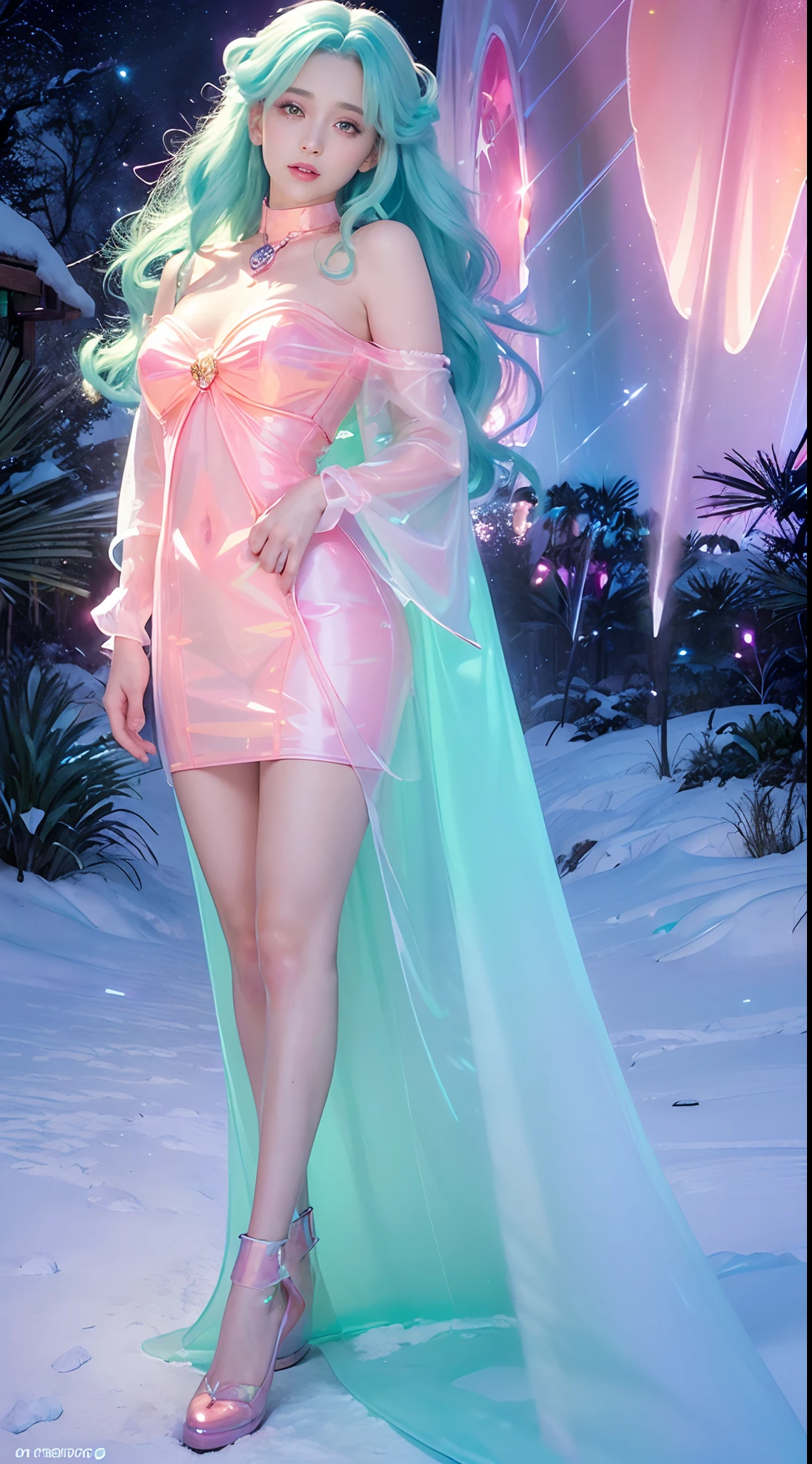 (fluorescent colors:1.4),(translucent:1.4),(retro filters:1.4), (fantasy:1.4), candy world Disney land ethereal soft fluffy soft landscape forest snowavatar Pastel pink sky green blue sparkle ethereal light pastel whimsical light rainbow stars diamonds sparkle gemstone background hyper realistic Ultra quality cinematic lighting immense detail Full hd painting Well lit,
