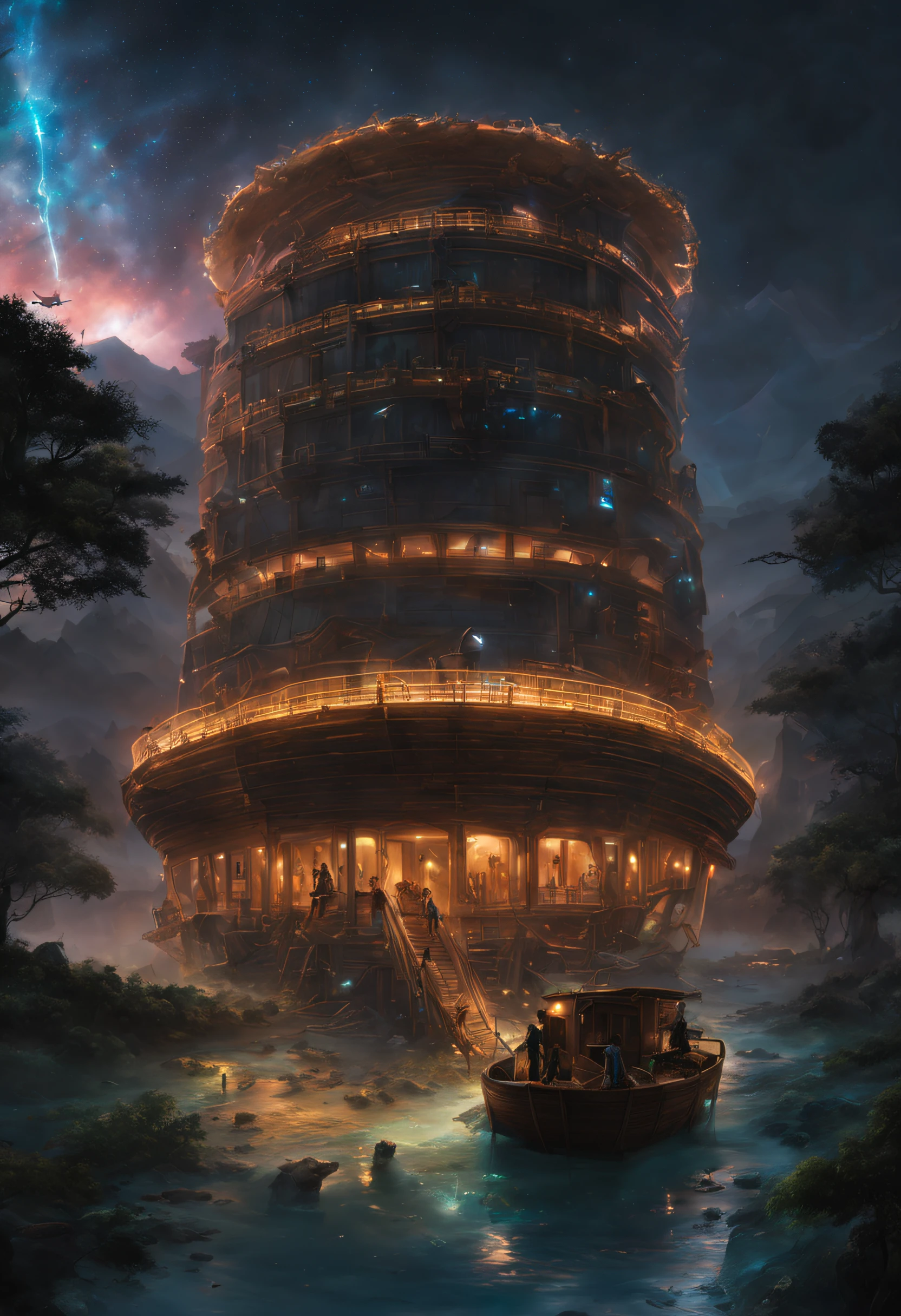 Bring to life a majestic vision of Noah's Ark, transformed by a luminous and bioluminescent glow amidst a futuristic flood, hinting at a post-apocalyptic tale.