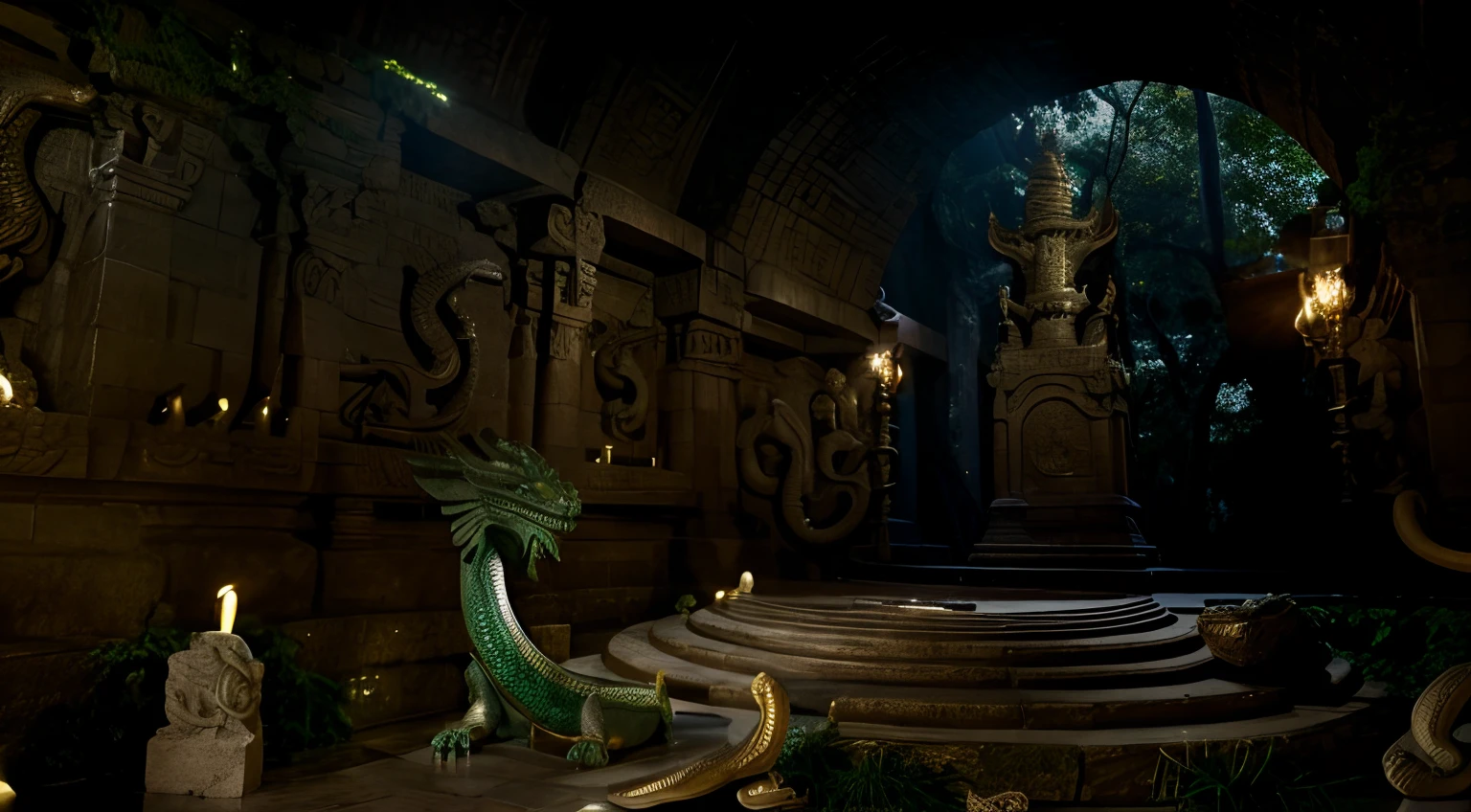 Temple of the Dragon God, Central statue with reptilian features, ornamentos de serpentes e cobras, Statue has the face of a dragon