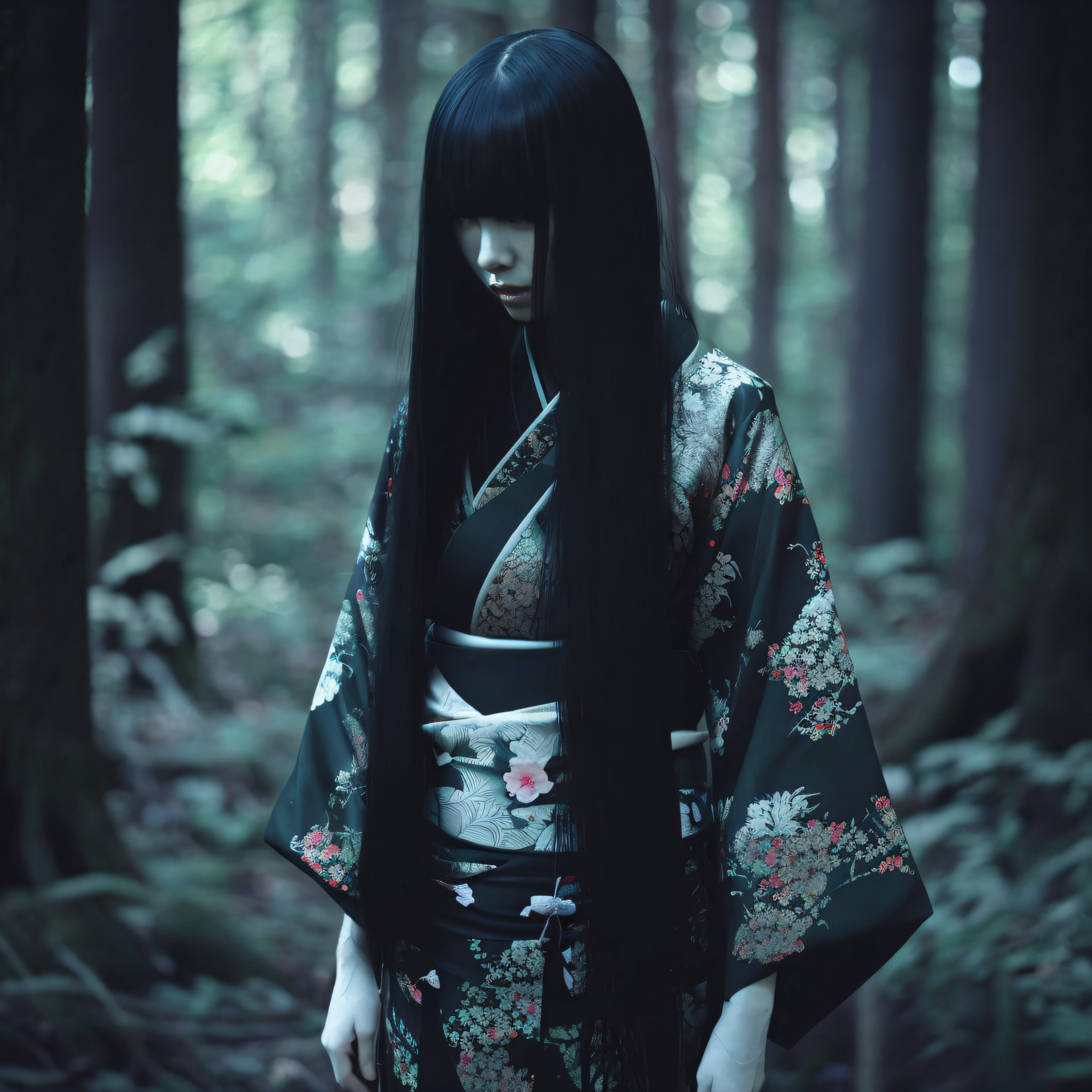 gothic kimono girl with black long straight hair standing alone in the forest, photorealistic, portrait, japanese, film