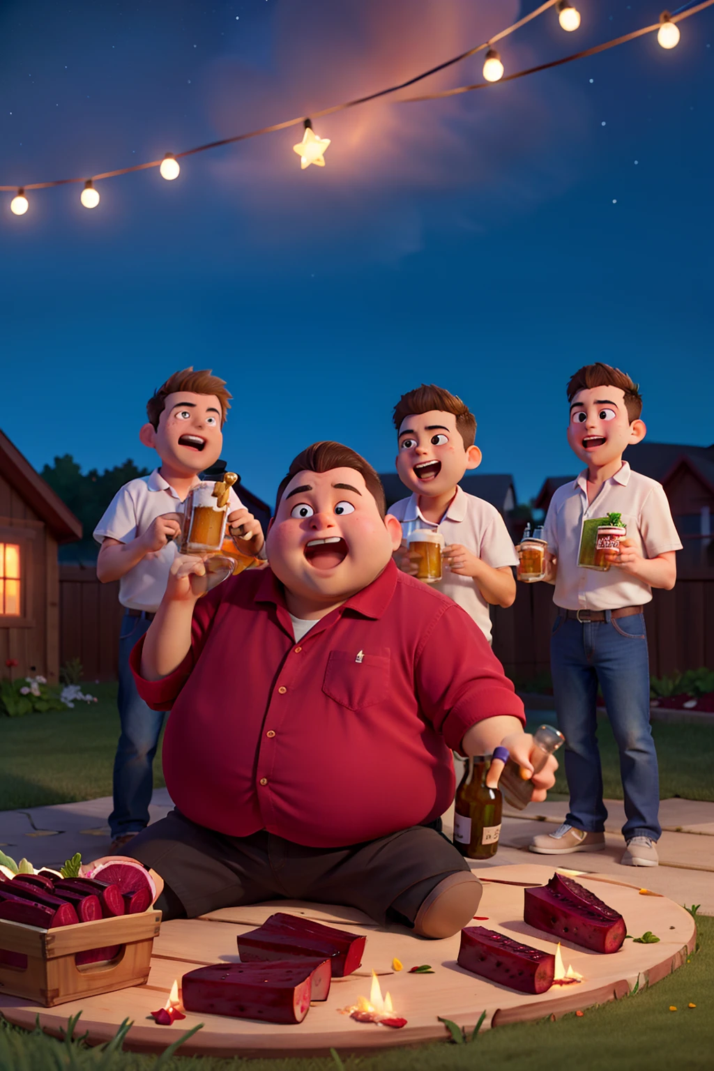 masterpiece, high quality best quality,1 fat boy, beet, feeling sick, grilling, day, holding a beer, boys around him, night, backyard, sky, stars