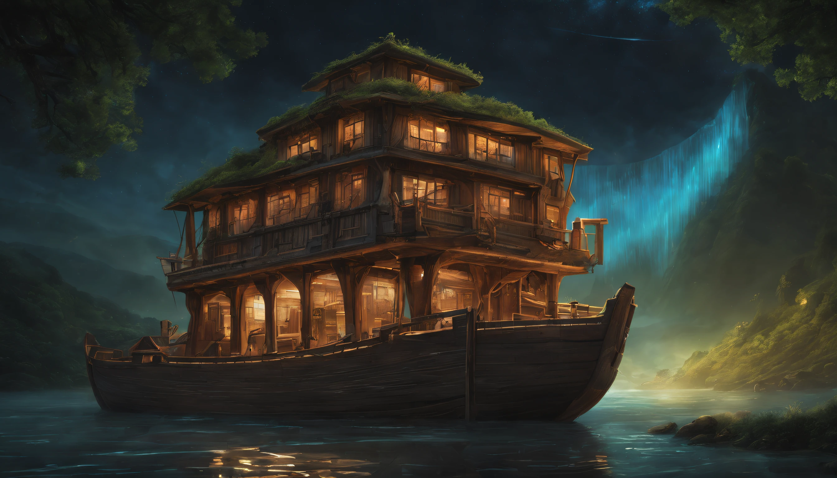 Bring to life a majestic vision of Noah's Ark, transformed by a luminous and bioluminescent glow amidst a futuristic flood, hinting at a post-apocalyptic tale.