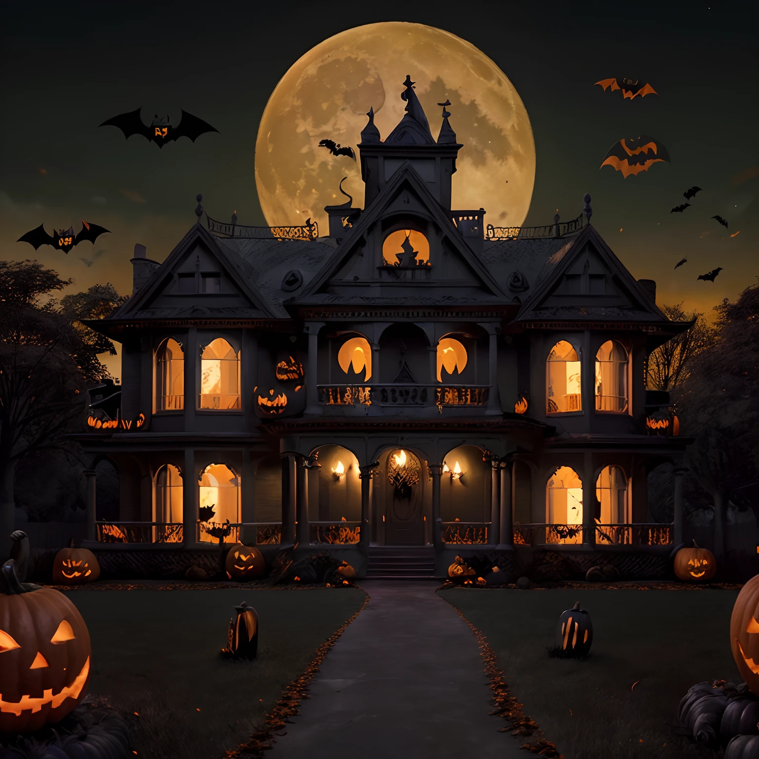 (ultra detailed , 8k) (Halloween theme) (detailed faces) a classic halloween looking house with a yellow moon in the distance and bats flying.  Orange and black color theme , Halloween themes (perfect detail , high quality, attention to detail)