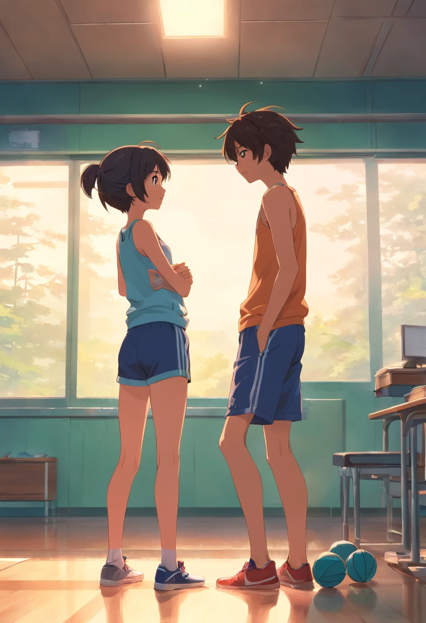 2children from 13 years old , Parlero, dentro, (obra maestra, La mejor calidad, absurdos ), escuela,Classroom two shirtless kids are in school have sweatpants looking into each other's eyes sadly are in the sports room