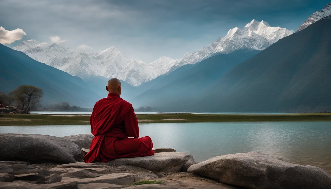 an old Buddhist monk in a red robe meditating serenely in Nepal on the shores of a lake located next to large snow-capped mountains, there's also a forest, all very soothing, there are also symbols of Buddhism like the lotus or the wheel of dharma, the colors are soothing and Zen, ultra-detailed skin BREAK best quality, deep shadows,  8k, dslr, Kodak ektar 100, Fujifilm XT3, F4, 1/800s, ISO 100, RAW