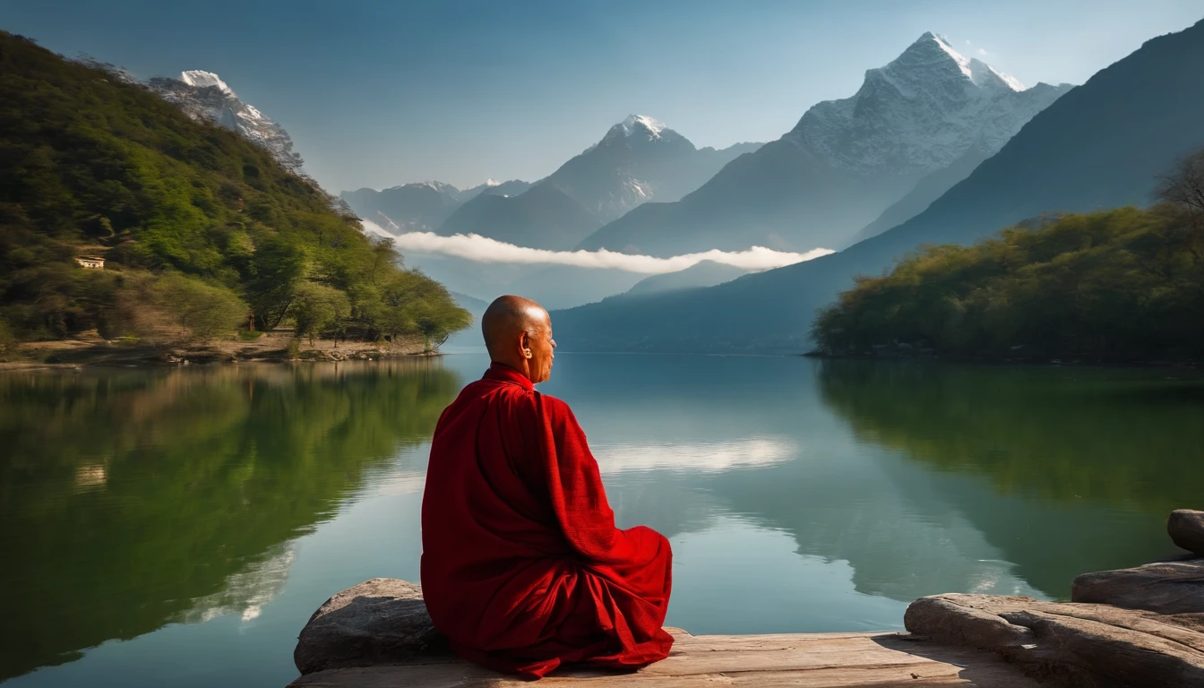 The Hindu monk is meditating in the temple, temple on the mountain, temple is right side of the river, mountains are covered by snow, and mountains are so green