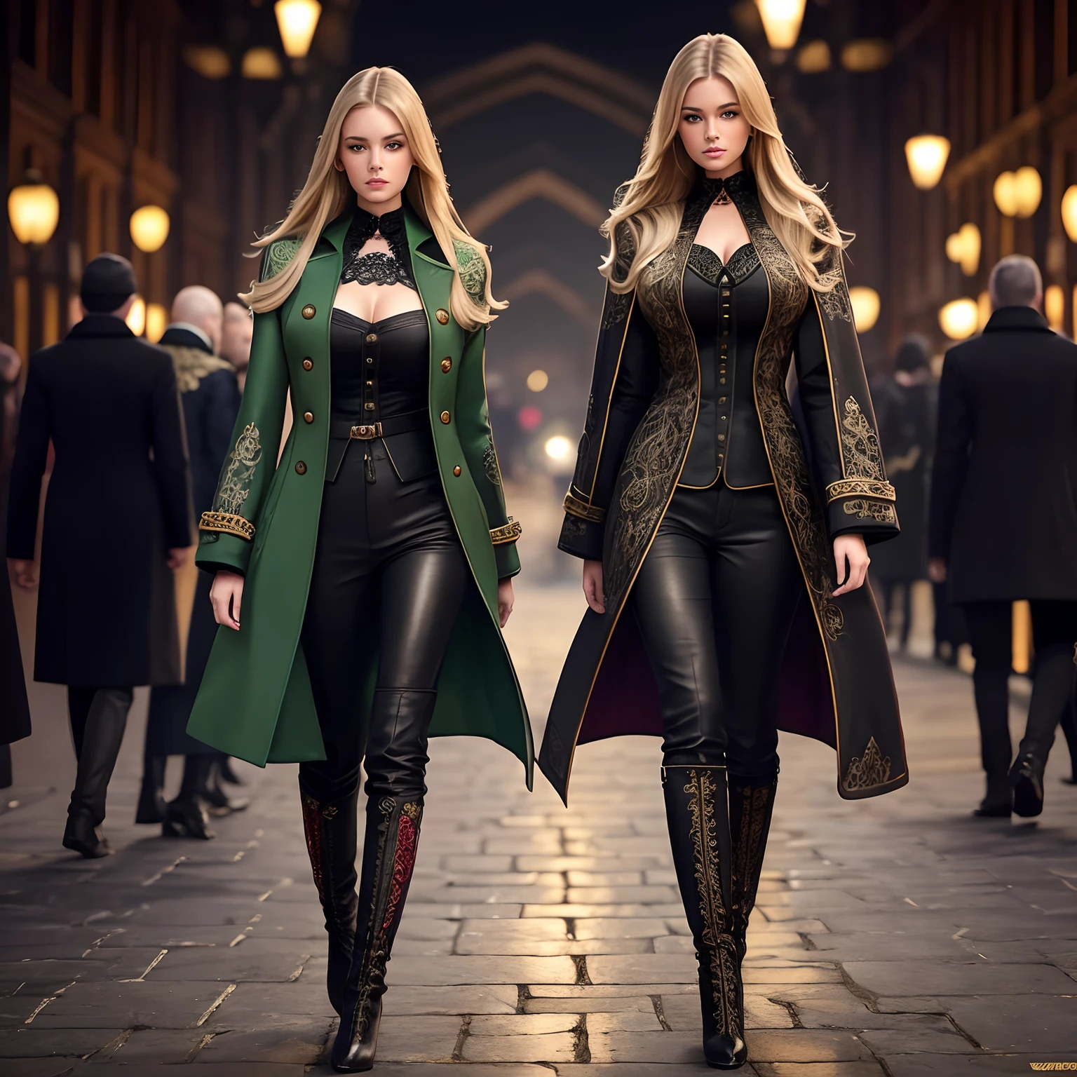 Model Lyriel girl with straight blonde hair , with a face and body like Lauren Chelsea , dressed in a green gothic double-breasted Redingot fantasy coat with embroidery and black leather pants , She stands at full height against the backdrop of the night city , Her boots and chest are visible like Jodie Gasson's ,Two rows of buttoned buttons are visible ,  Very detailed embroidery on the coat in the form of patterns ,All coats and sleeves are patterned , Very detailed patterns on the boots , Front light.