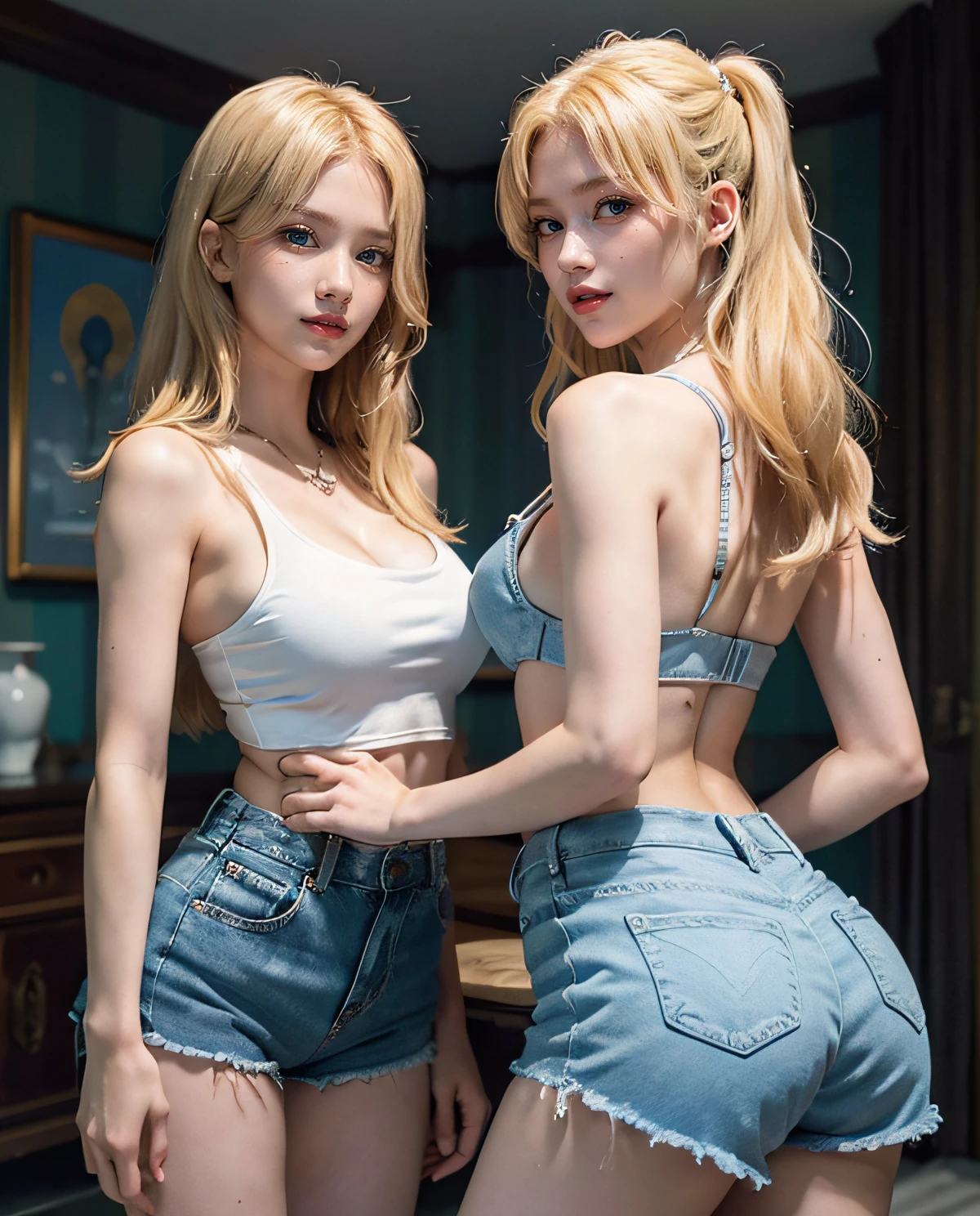 2girl, (Twins), Blue eyes, (smiling), (Sana Minatozaki), wide hips, Big Boobs, big ass, (Best Quality, 8k, Masterpiece: 1.3), perfect hands, Clear Focus: 1.2, Perfect Body Beauty: 1.4 , Slender Abs: 1.2, Highly detailed face and skin texture, detailed eyes, double eyelids, (blonde long hair), (white cleavage tanktop), (denim shorts), bent over showing ass, (next to her twin sister :1.4), in a living room, deep on field