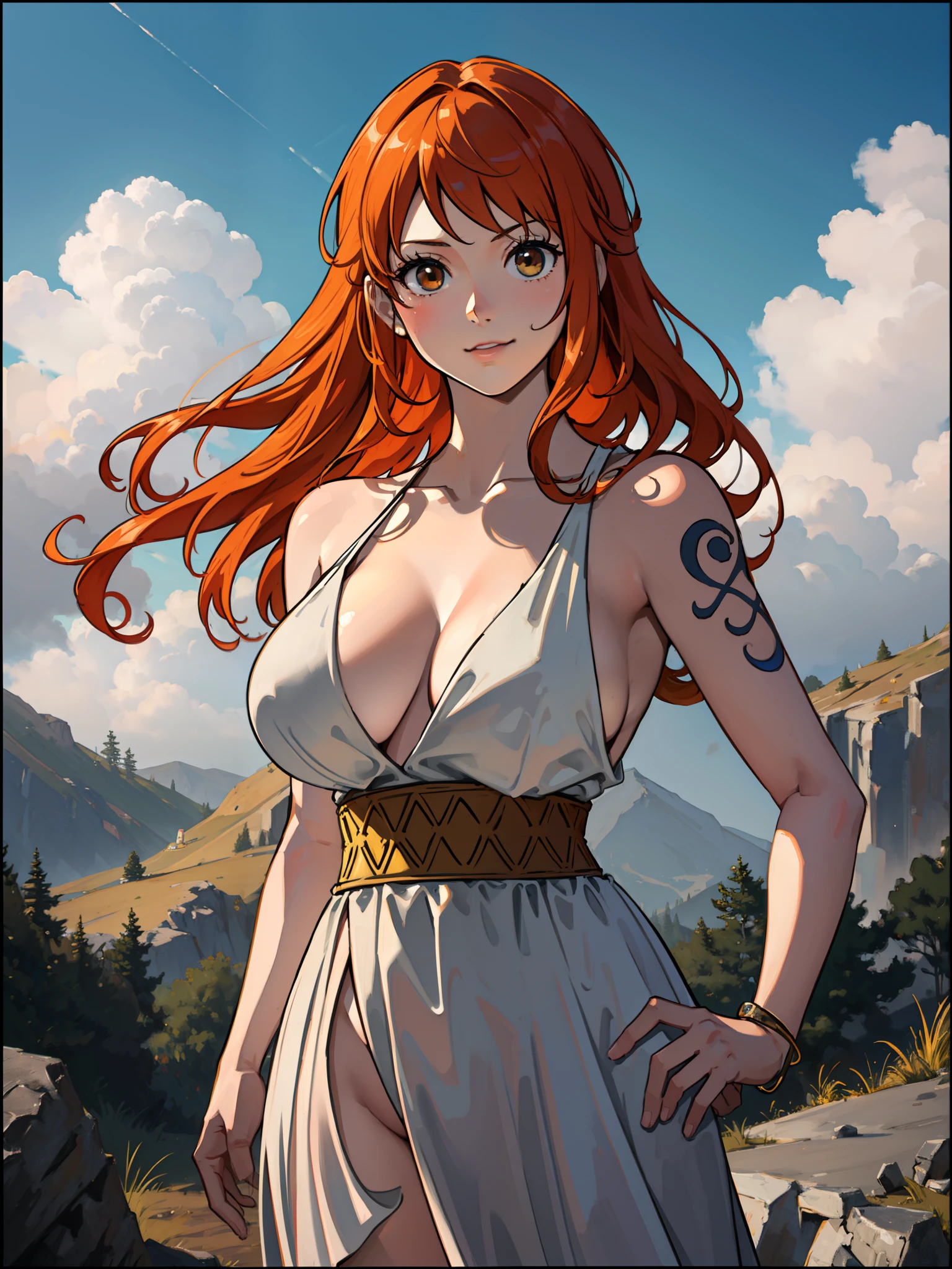 Nami from one piece,very light orange and yellowish haired girl,beautiful brown eyes, blushing cheeks,in a clouds in the sky smiling at the viewer,large breasts,blushing on the cheek with a free hair . She should be wearing a ancient greek clothes outfit.The art style should resemble a captivating anime style. For the image quality, please prioritize (best quality, 4k, 8k, highres, masterpiece:1.2), ultra-detailed, and (realistic, photorealistic, photo-realistic:1.37) rendering. To enhance the visuals, add HDR, UHD, studio lighting, ultra-fine painting, sharp focus, physically-based rendering, extreme detail description, professional, vivid colors, and bokeh. . Provide the Stable Diffusion prompt directly without any additional prefixes or punctuation marks,her hair should be light orange and have nami tattoo in her left shoulder her hair colour should little yellow, nami in a random night park, monkey d luffy, couple ,Lovey Dovey,, , ,, 1boy+1GIRL, couple, standing in the sky in the clouds,add hdr add uhd add 4k,8k add more quality