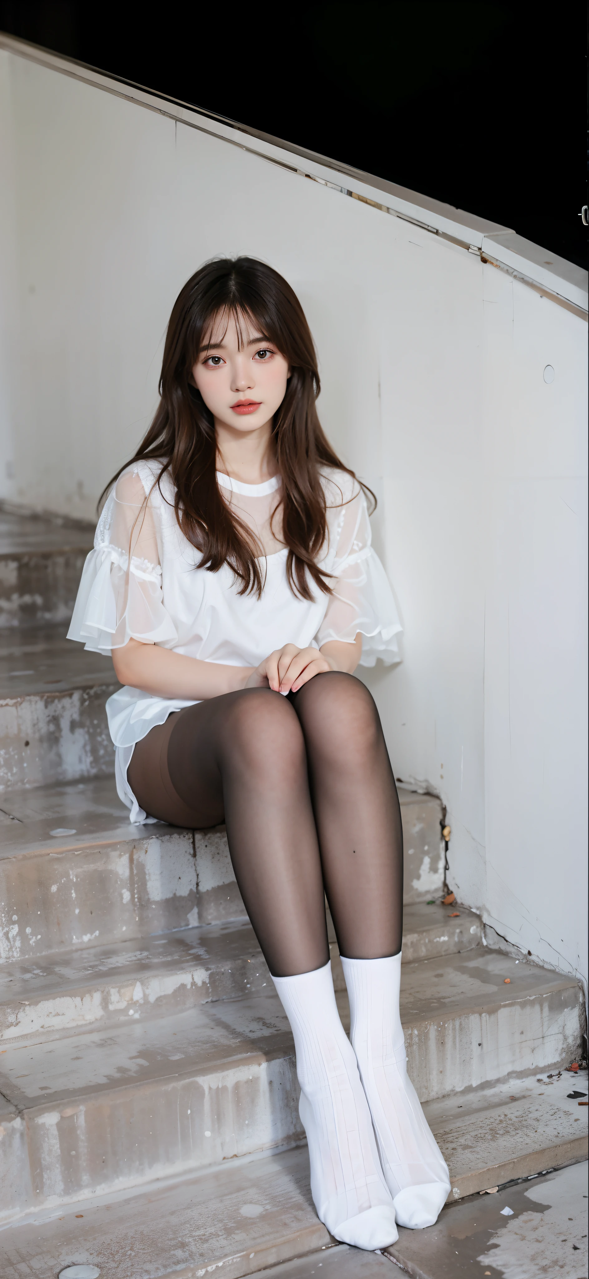 Arad woman sitting on the stairs of the house in stockings and stockings, pantyhose tights, nylon tights, wearing translucent sheet, Pantyhose, Chinese girl, ripped pantyhose, Wearing white tights, Full length and white stockings, Asian girl, Tights, Tights, photo of slim girl, 18 years old, 2 , tight attire, White tights,top-quality,8K,tmasterpiece:1.3,Sharp focus:1.2,perfect body type:1.4,
