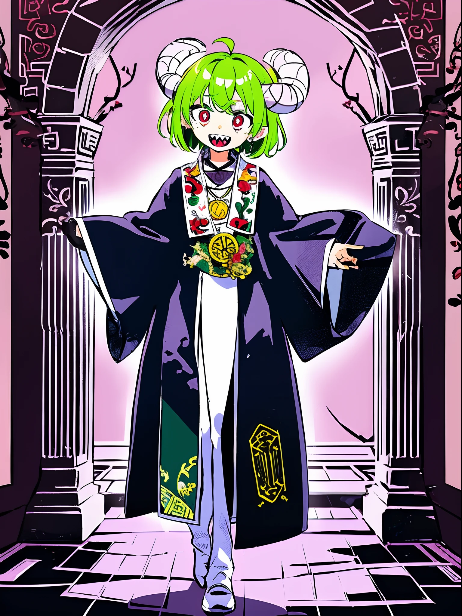 ****, green hair, red eyes, white robe, hornes, sharpteeth, standing solo focus, white robe,demongirl, pants, long skirt, short hair, flatchest, Daoist_Robe, demon hornes, long horns, smile, happy, hand, walking