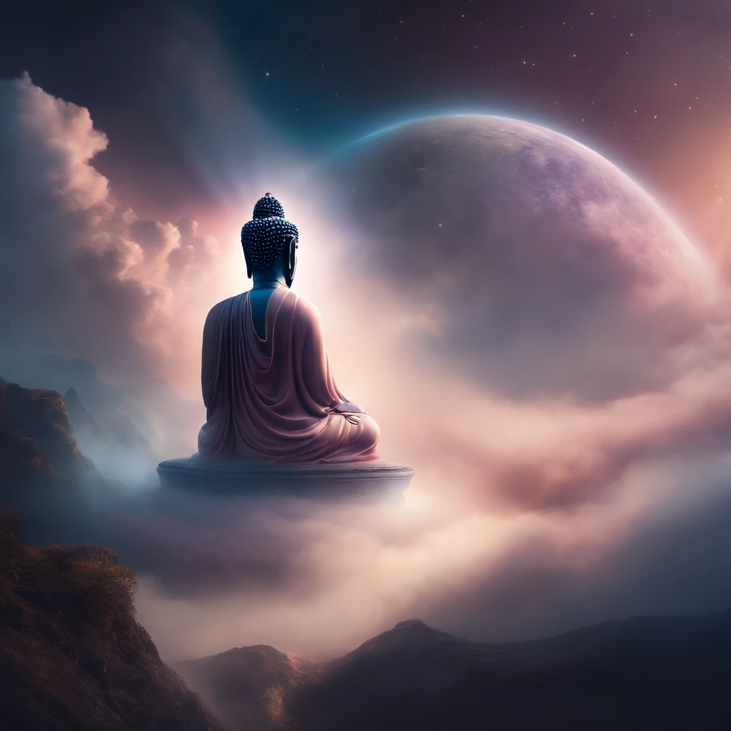 1200s. ily. Buddha, A spell, There is spirit everywhere, Dynamic pose, Wind, Smoke, spark of light, Stars above the clouds, surrealism, Super realistic, Cinematic, pastel colour, Fantasy universe background