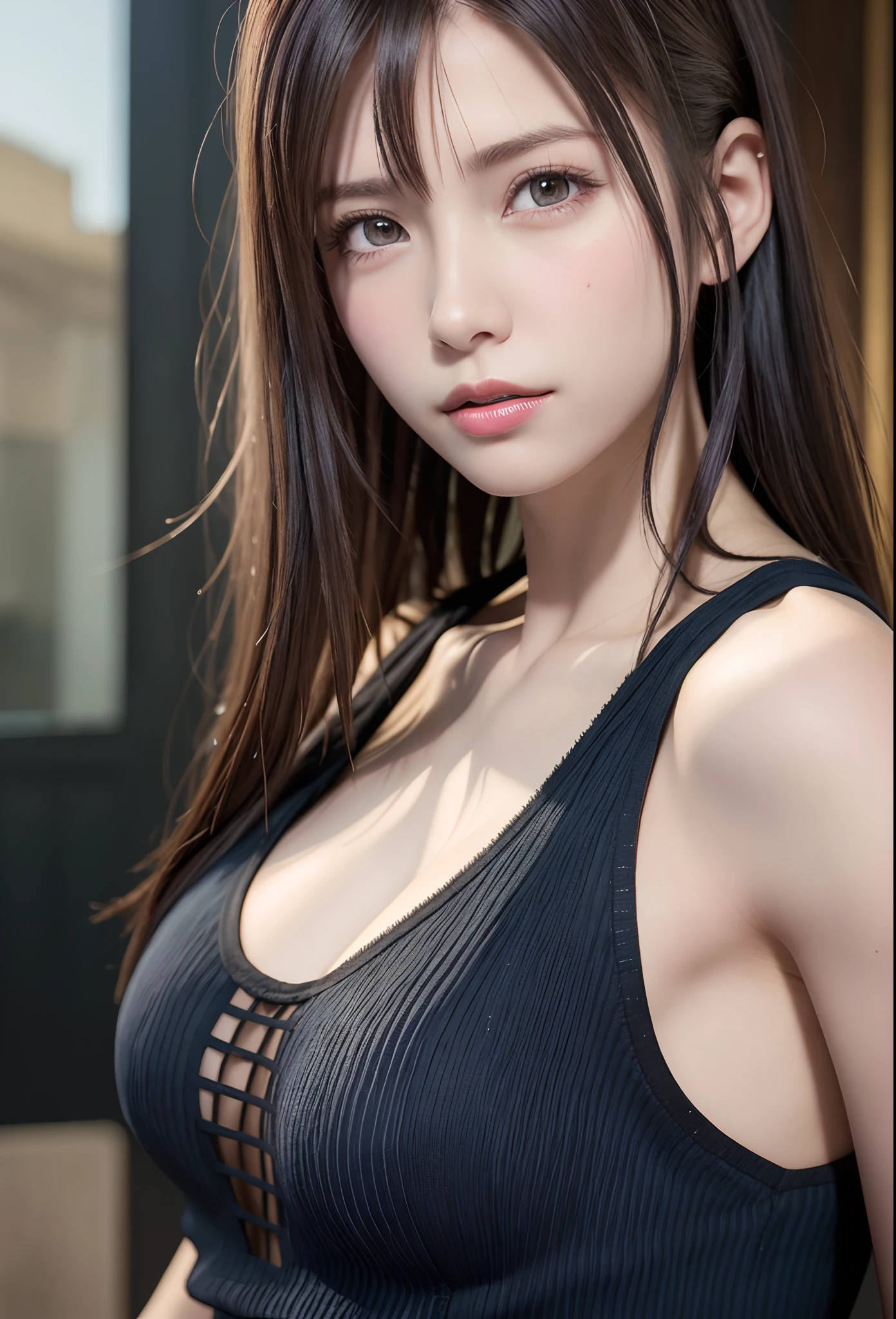 high quality picture, masutepiece, detailed hair texture, Detailed skin texture, Detailed Cloth Texture, 8K, Add fabric details, ultra detailed skin texture, ultra detailed photographic, Skin pores, Portrait of a girl, wearing tank top,