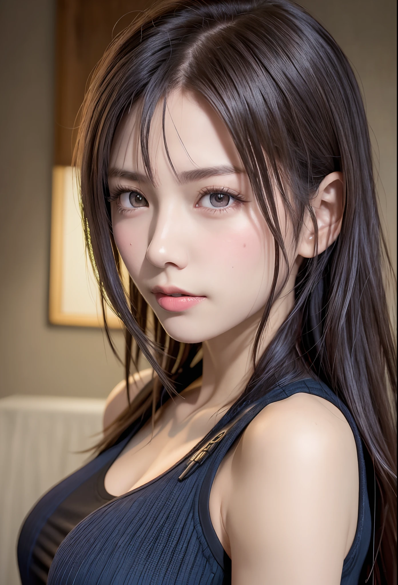 high quality picture, masutepiece, detailed hair texture, Detailed skin texture, Detailed Cloth Texture, 8K, Add fabric details, ultra detailed skin texture, ultra detailed photographic, Skin pores, Portrait of a girl, wearing tank top,