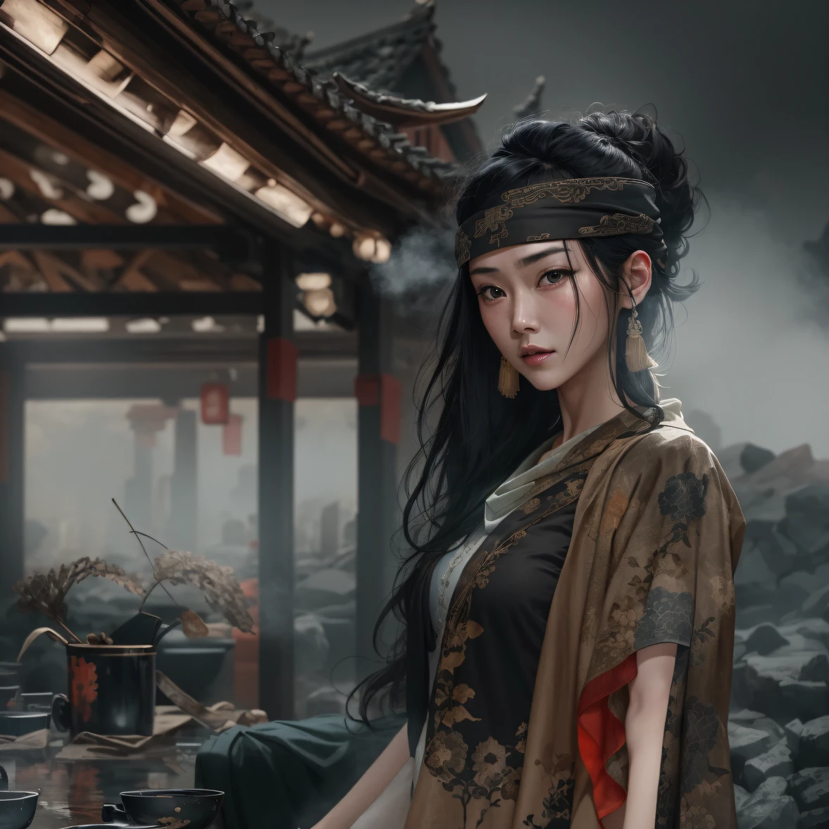 Side 32K,exteriors,Roof,People are small(tmasterpiece,k hd,hyper HD,32K)Long flowing glossy black hair,Tang dynasty complex,zydink, a color,mid afternoon(canyons), (Linen batik scarf), Combat posture, looking at the ground, Linen bandana, Chinese python pattern long-sleeved garment, Morning(Abstract gouache splash:1.2), Dark clouds lightning background,sprinkling(realisticlying:1.4),Black color hair,The dust is blowing,Background fog, A high resolution, the detail, RAW photogr, Sharp Re, Nikon D850 Film Stock Photo by Jefferies Lee 4 Kodak Portra 400 Camera F1.6 shots, Rich colors, ultra-realistic vivid textures, Dramatic lighting, Unreal Engine Art Station Trend, cinestir 800,Flowing shiny black hair,(((National style building)))Full-body side