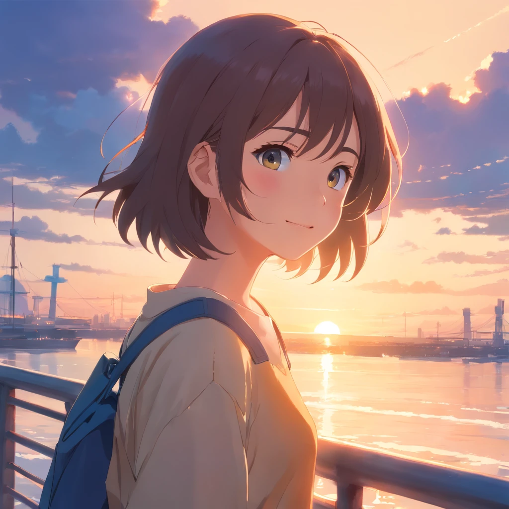 masterpiece、top-quality、Movie stills、1girl、lightsmile、Sunnyday、a closeup、发光、happiness、Warm soft lighting、the setting sun、(Spark:0.7)
