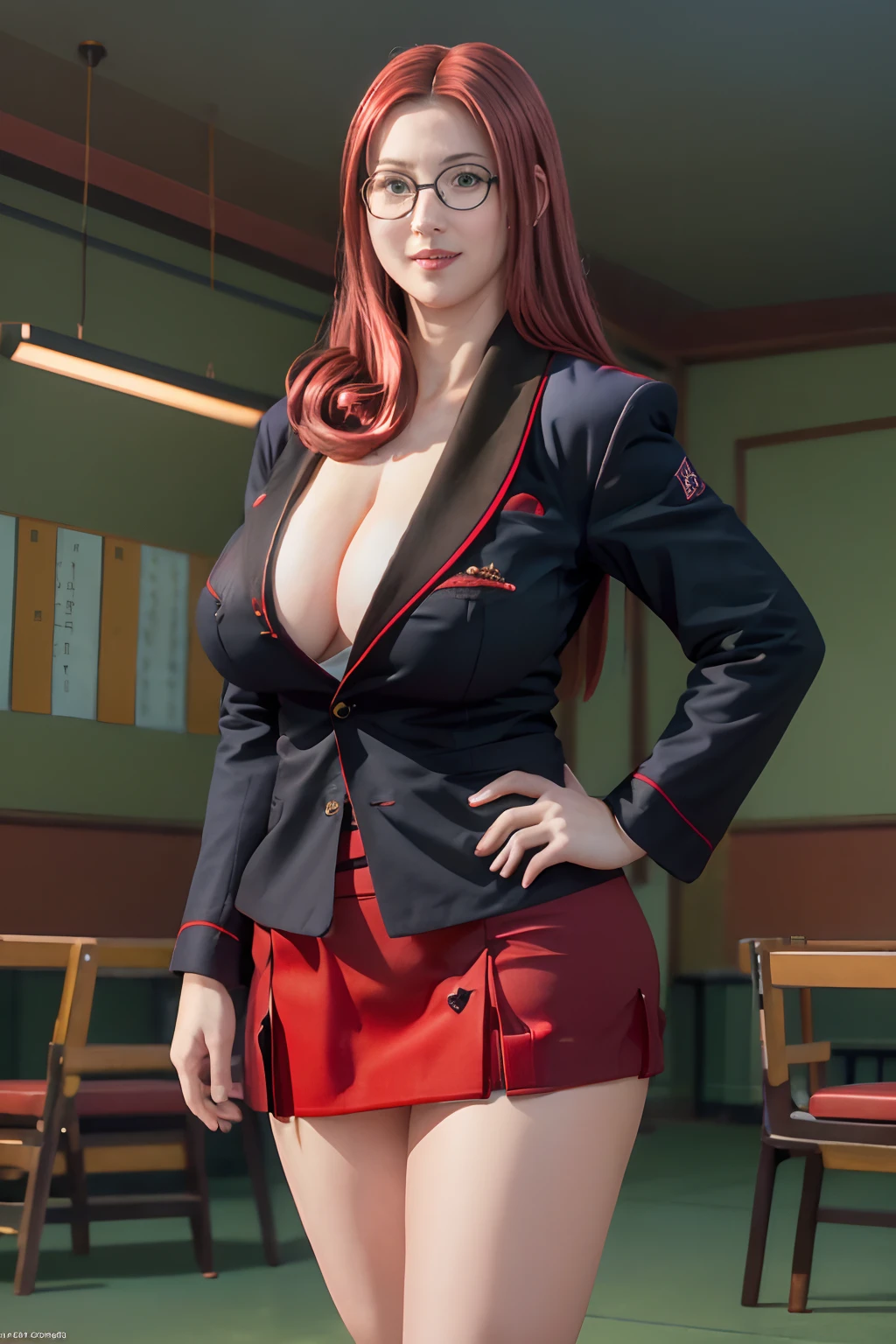 1girl, red hair, ((realistic)), ((photorealistic)),((high-res, masterpiece, best quality, cinema lighting)), masterpiece, best quality:1.2), upper body, solo, 1girl, smile, closed mouth, masterpiece, best quality, 4k, photograph, cinemtaic lighting, perfect lighting, perfect detailed face, professional photoshoot, seductive smile,ichinose_sayaka, red hair, large breasts, glasses, classroom, blackboard, standing masterpiece, best qualitywide hips, thick thighs, short female,(((huge breasts 1.5))), realistic,(((beautiful))),japanese female, (((curvy))), ((((heavenly breasts)))), hand on hip, (((indoors))), ((((red Skirt Suit)))), cleavage