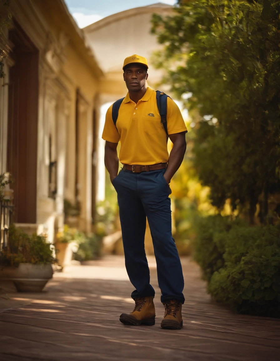 man, with cap, work boots, yellow polo shirt, baggy pants.