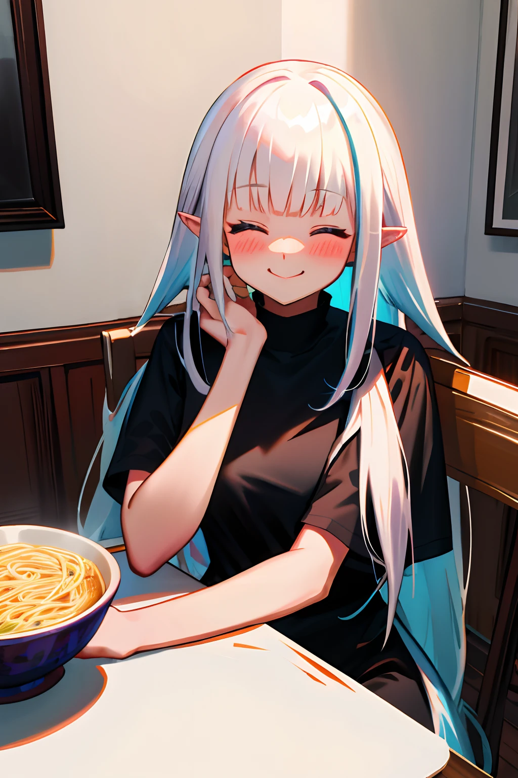 One girl with long hair, white hair, looking at viewer, smiling, closed eyes, blushing, oversized naked black t shirt, t shirt only, pointy ears, sit on, chair, dinning table, dinning room, food, noodles