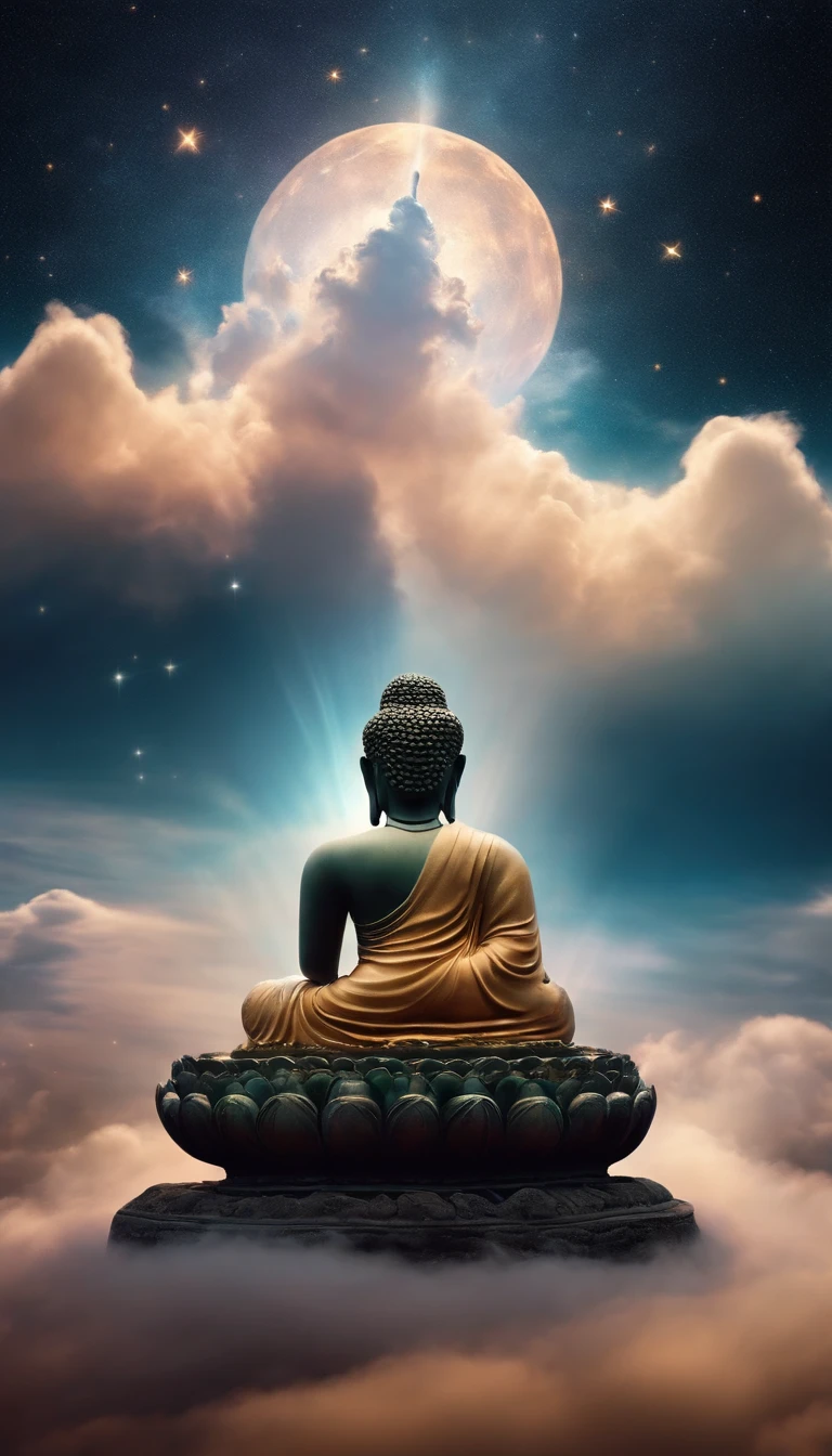 1200s. ily. Buddha, A spell, There is spirit everywhere, Dynamic pose, Wind, Smoke, spark of light, Stars above the clouds, surrealism, Super realistic, Cinematic, pastel colour, Fantasy universe background
