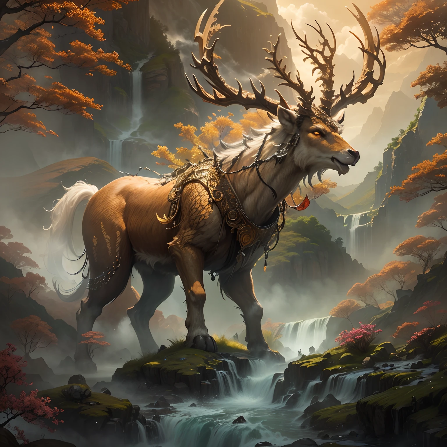 (Best quality,8K,A high resolution,Masterpiece:1.2),Ultra-detailed,(Realistic,Photorealistic,photo-realistic:1.37),Ancient beasts from hell,Chinese mythology,Mountain and Sea Sutra,the mountains and the sea,Ancient legends,mythological creatures,Sparkling golden scales,deer antlers,mane hair,quadrupedal,Sharp claws,beast of prey,buck teeth,sparkling big eyes,golden rays of sunlight, Misty clouds,Flowing waterfalls, Towering mountains, Un bosque tranquilo, Intricate fantasy ink painting, Detailed fantasy ink illustration, fantasy highly detailed, beautiful detailed fantasy, magic fantasy highly detailed, highly detailed fantasy art, epic rivendell fantasy, japanese fantasy, detailed fantasy digital art, Chinese fantasy, detailed fantasy art,