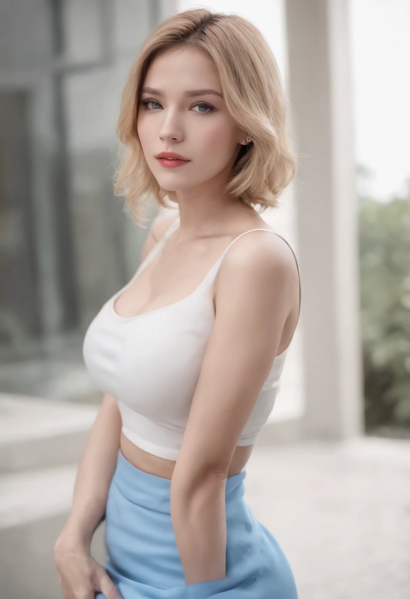 one-girl sexy Best quality at best， A high resolution， Number 18， one-girl sexy，Cyborg No. 18， 独奏， eBlue eyes， with short golden hair， thongs， Translucent skirt， pearls necklace， bangle， black glove， white  shirt， short detailed hair， short- sleeved， 耳Nipple Ring， blue skirts， Open the vest，Gilet blanc，Large breasts， Lie down， from back， hindquarters，(Masterpiece:1.2)