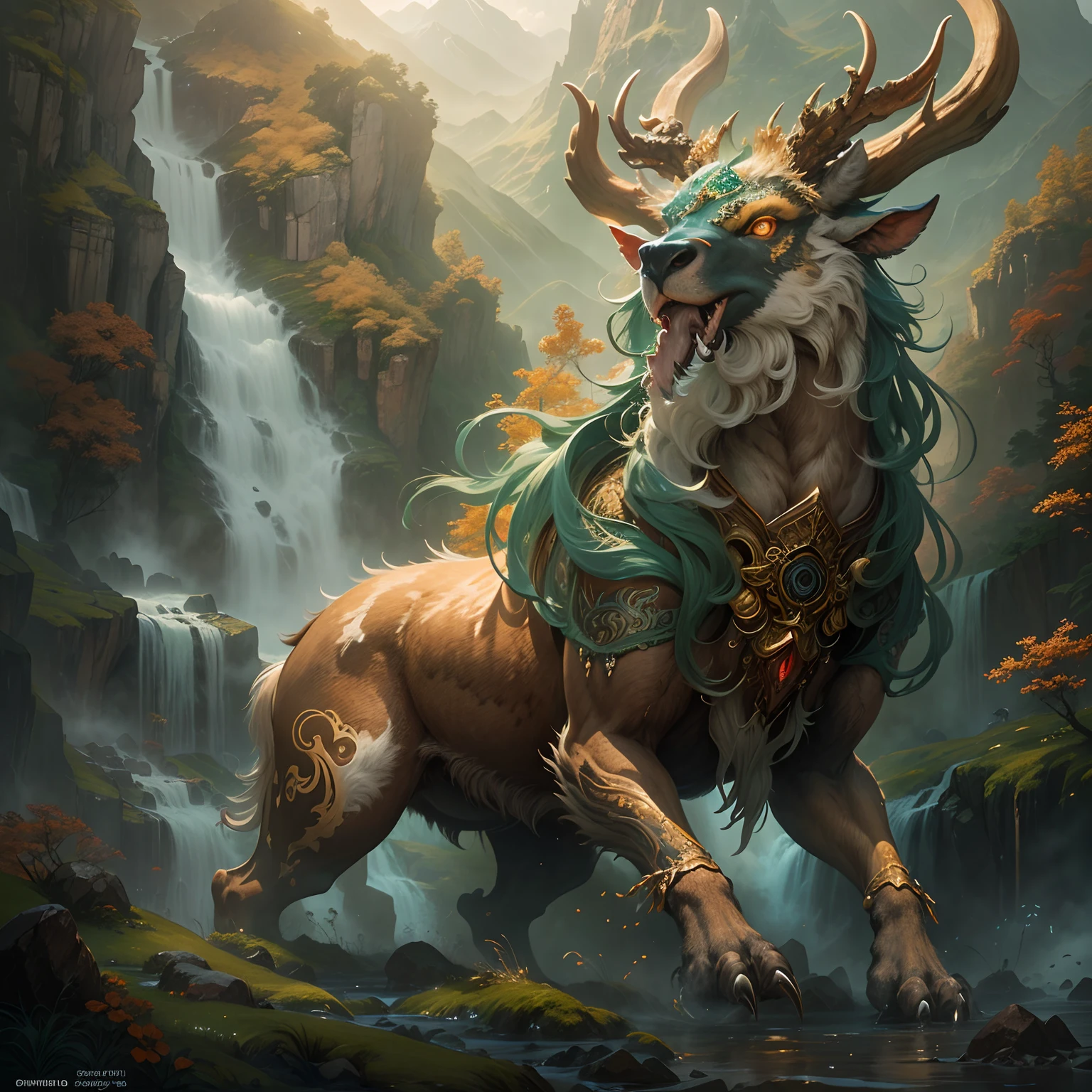 (Best quality,8K,A high resolution,Masterpiece:1.2),Ultra-detailed,(Realistic,Photorealistic,photo-realistic:1.37),Ancient beasts from hell,Chinese mythology,Mountain and Sea Sutra,the mountains and the sea,Ancient legends,mythological creatures,Sparkling golden scales,deer antlers,mane hair,quadrupedal,Sharp claws,beast of prey,buck teeth,sparkling big eyes,golden rays of sunlight, Misty clouds,Flowing waterfalls, Towering mountains, Un bosque tranquilo, Intricate fantasy ink painting, Detailed fantasy ink illustration, fantasy highly detailed, beautiful detailed fantasy, magic fantasy highly detailed, highly detailed fantasy art, epic rivendell fantasy, japanese fantasy, detailed fantasy digital art, Chinese fantasy, detailed fantasy art,