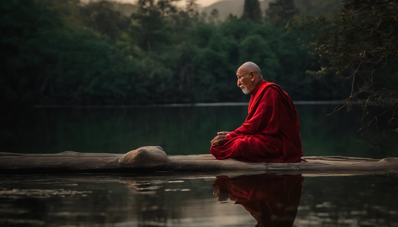 an old Buddhist monk in red robes meditating serenely in Nepal on the shores of a lake located next to large snow-capped mountains, There is also a forest, all very soothing, il y a aussi des symboles du bouddhisme comme le lotus ou la roue du dharma, les couleurs sont apaisantes et zen, Best Quality BREAK Ultra-Detailed Skin, ombres profondes, 8k, DSLR, Kodak Ektar 100, Fujifilm XT3, F4, 1/800s, Norme ISO 100, .RAW