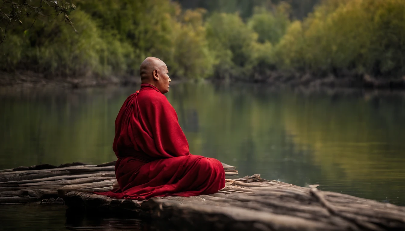 an old Buddhist monk in red robes meditating serenely in Nepal on the shores of a lake located next to large snow-capped mountains, There is also a forest, all very soothing, il y a aussi des symboles du bouddhisme comme le lotus ou la roue du dharma, les couleurs sont apaisantes et zen, Best Quality BREAK Ultra-Detailed Skin, ombres profondes, 8k, DSLR, Kodak Ektar 100, Fujifilm XT3, F4, 1/800s, Norme ISO 100, .RAW