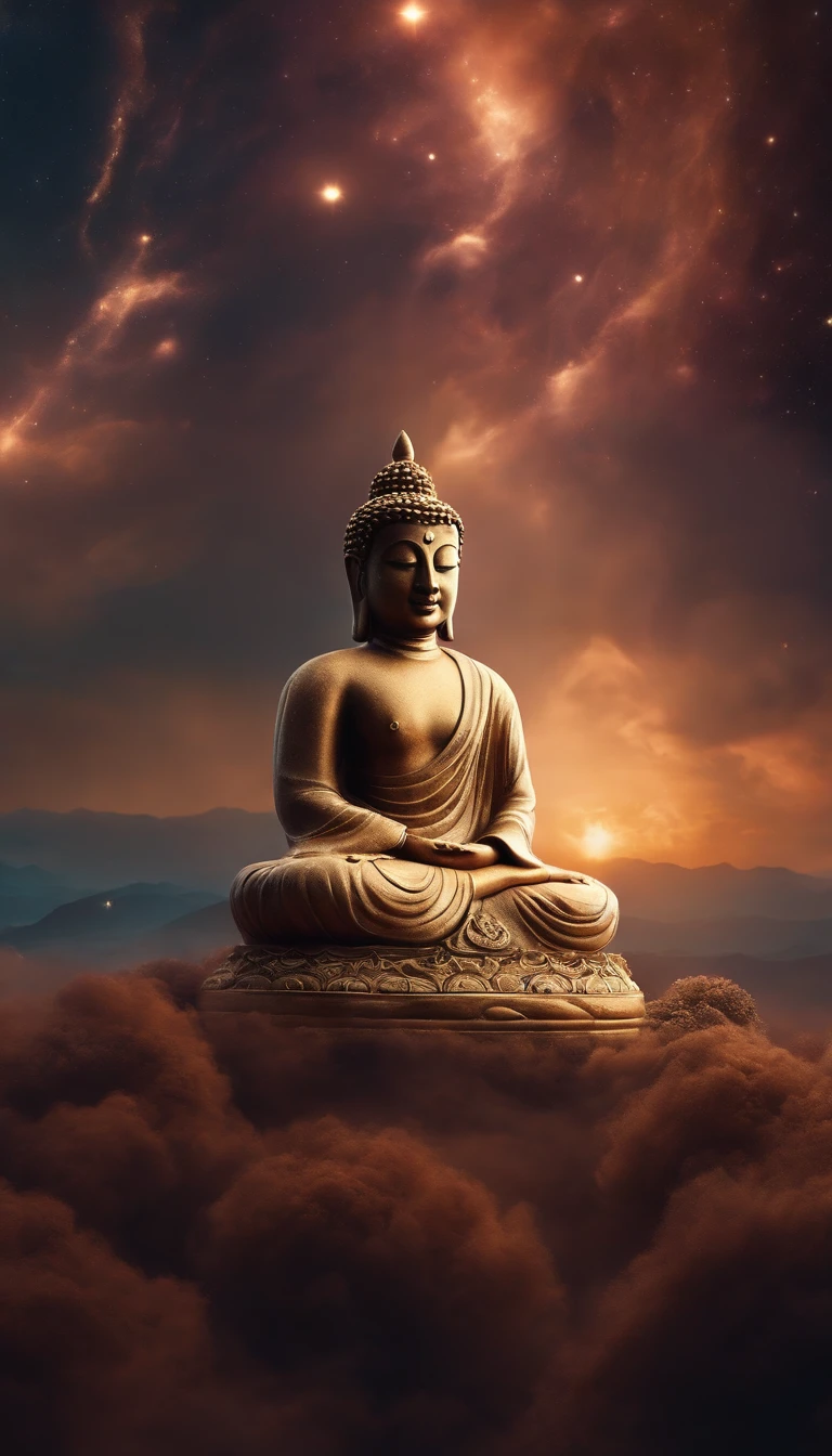 1200s. ily. Buddha, A spell, There is spirit everywhere, Dynamic pose, Wind, Smoke, spark of light, Stars above the clouds, surrealism, Super realistic, Cinematic, pastel colour, Fantasy universe background