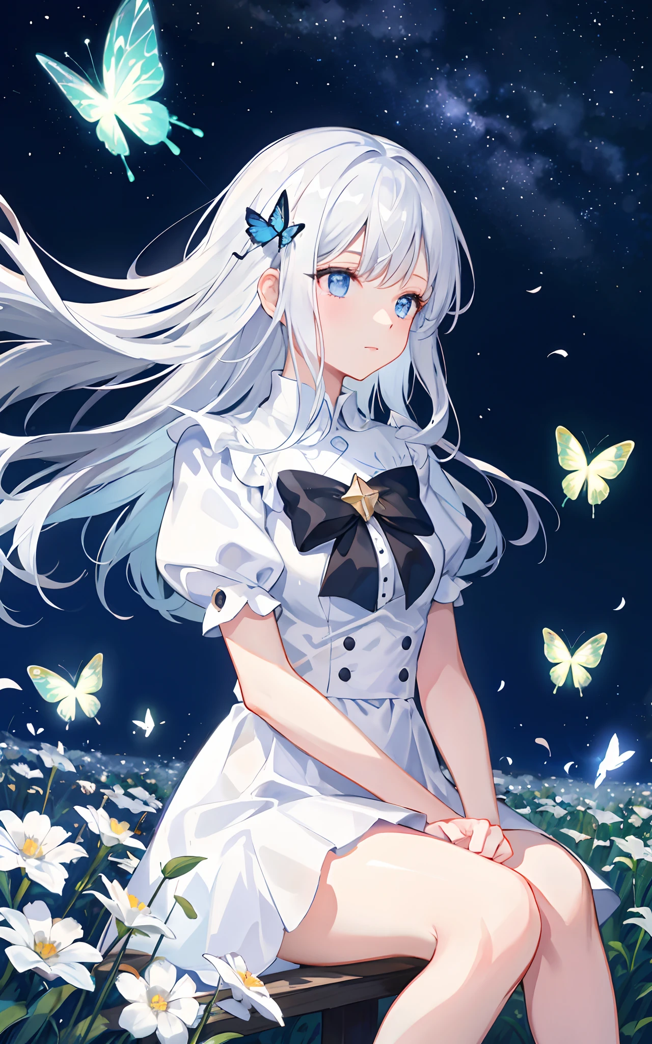 (masterpiece: 1.3, best quality), 1 girl, field of flowers, White flowers, scenario, shooting stars,  light particles, White dress, silver hair, long hair, bug, bright butterflies, blue eyes, seated, holding flowers, night, looking away, long hair, puffy short sleeves, stars, black clouds, ultra-detailed, beautiful eyes, outdoors, night sky,
