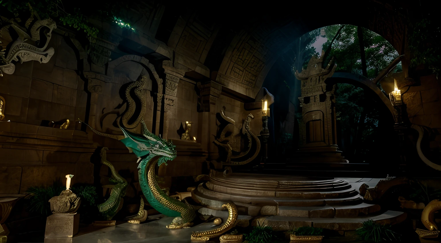 Temple of the Dragon God, Central statue with reptilian features, ornamentos de serpentes e cobras, Statue has the face of a dragon