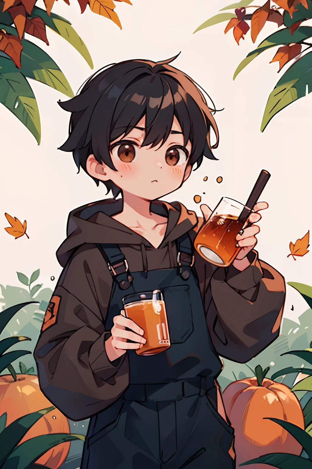 1 boy, black hair, brown eyes, cool and handsome, wearing a long-sleeved black hoodie with a warm brown overalls, holding a red orange peach tea cup, autumn, fallen leaves flying, warm, emotionless