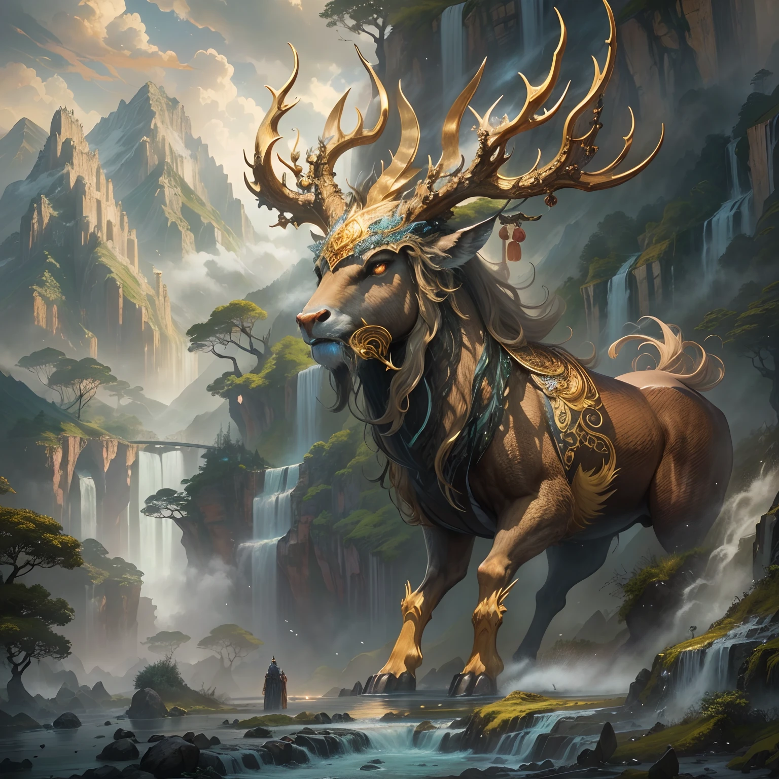 (Best quality,8K,A high resolution,Masterpiece:1.2),Ultra-detailed,(Realistic,Photorealistic,photo-realistic:1.37),Ancient beasts from hell,Chinese mythology,Mountain and Sea Sutra,the mountains and the sea,Ancient legends,mythological creatures,Sparkling golden scales,deer antlers,mane hair,quadrupedal,Sharp claws,beast of prey,buck teeth,sparkling big eyes,golden rays of sunlight, Misty clouds,Flowing waterfalls, Towering mountains, Un bosque tranquilo, Intricate fantasy ink painting, Detailed fantasy ink illustration, fantasy highly detailed, beautiful detailed fantasy, magic fantasy highly detailed, highly detailed fantasy art, epic rivendell fantasy, japanese fantasy, detailed fantasy digital art, Chinese fantasy, detailed fantasy art,