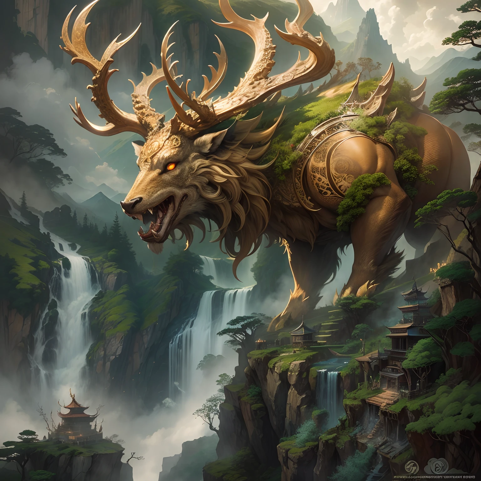 (Best quality,8K,A high resolution,Masterpiece:1.2),Ultra-detailed,(Realistic,Photorealistic,photo-realistic:1.37),Ancient beasts from hell，Chinese mythology，Mountain and Sea Sutra，the mountains and the sea,Ancient legends,mythological creatures,Sparkling golden scales,deer antlers,mane hair,quadrupedal，Sharp claws,beast of prey，buck teeth，sparkling big eyes，golden rays of sunlight, Misty clouds,Flowing waterfalls, Towering mountains, Un bosque tranquilo, Intricate fantasy ink painting, Detailed fantasy ink illustration, fantasy highly detailed, beautiful detailed fantasy, magic fantasy highly detailed, highly detailed fantasy art, epic rivendell fantasy, japanese fantasy, detailed fantasy digital art, Chinese fantasy, detailed fantasy art,