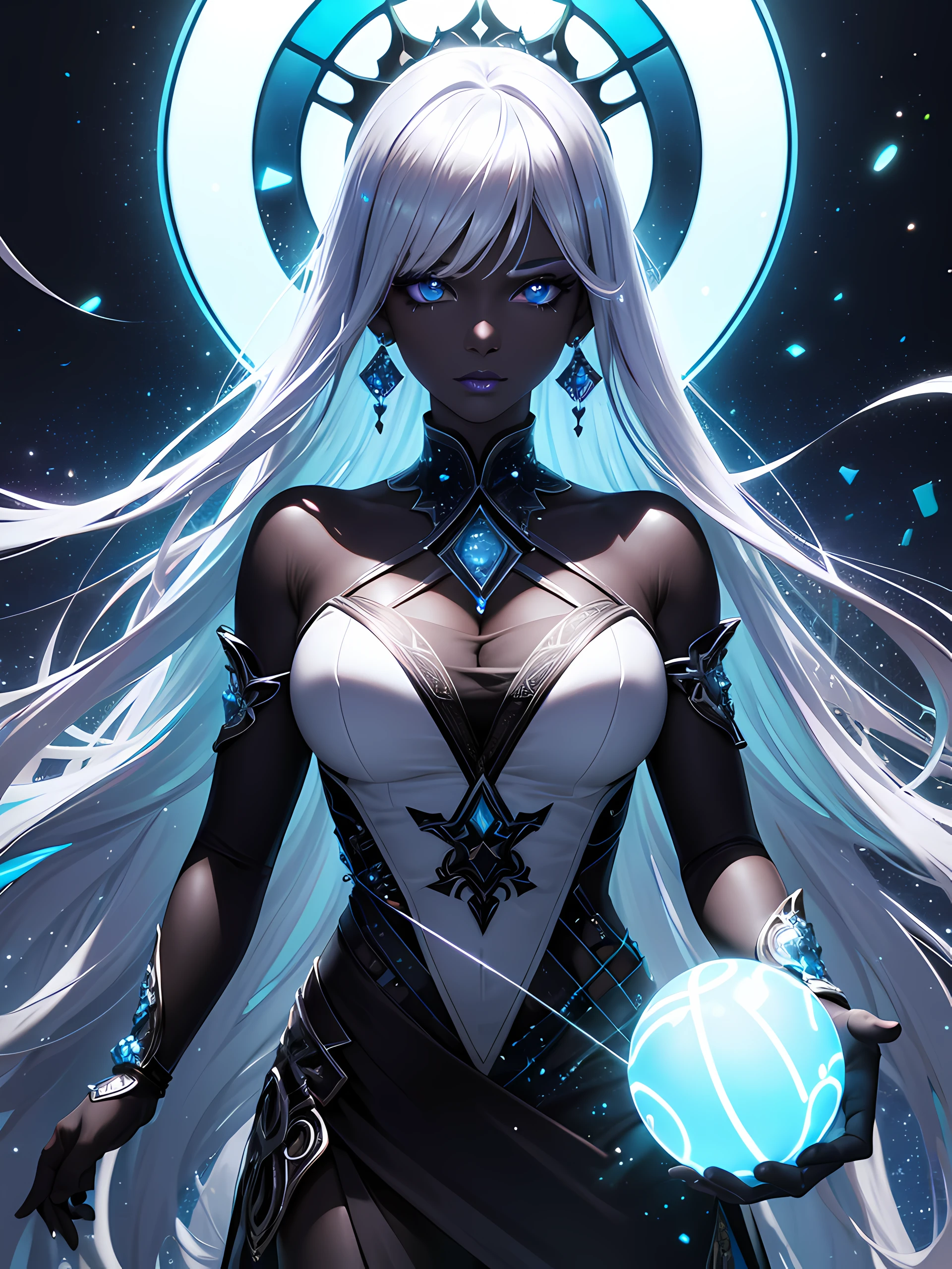 Top quality, Photorealistic, 8K, High Definition, Unity 8K wallpaper, high res, ultra sharp, masterpiece, ((masterpiece)), best quality, expressive eyes, perfect face, Super eyes, masterpiece, highly detailed exquisite character art, epic fantasy digital art style, detailed digital 3D fantasy art, ultra-realistic, female goddess of glass, shattered glass, intricate design, neon iridescent clothing, plastic, neon glitter, confetti, (black skin), black complexion, dark complexion, dark skin, neon blue eyes, white hair with light blue highlights, white lipstick, glass ball, glass orb, blue earrings, deity, neon lights, glass particles, white eyelashes,