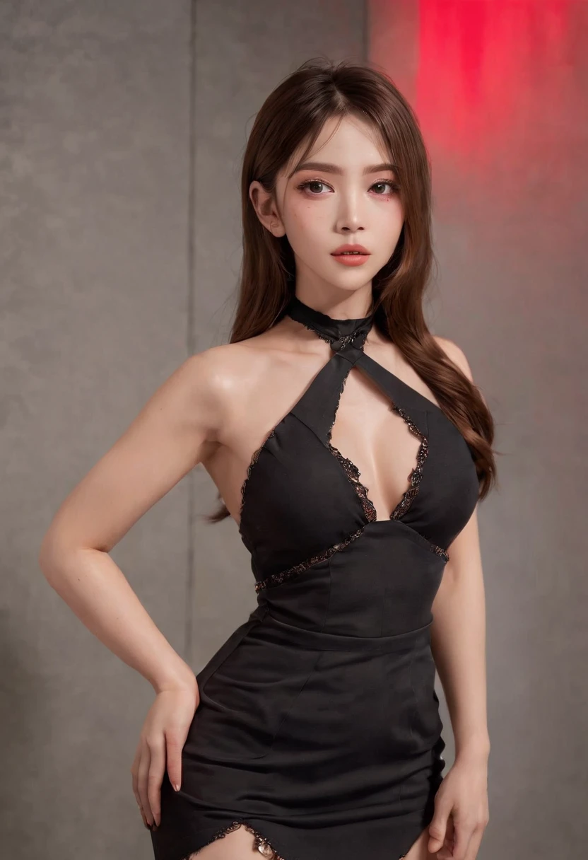 8k, Obra maestra, Foto RAW, La mejor calidad, fotorrealista, fondo de pantalla CG 8k extremadamente detallado, Profundidad de campo, cinematiclight, Destello de lente, Trazado de rayos, (cara extremadamente hermosa, labios hermosos, Hermosos ojos), Cara de detalle intrincado, ((Piel ultra detallada)) 1girl, A oscuras, Sombra profunda, Bonita chica coreana, Kpop idol, 1 girl, (cuerpo musculoso muy delgado y delgado:1.3), ((Mirando al espectador)),(gran sonrisa:1.3), (Noche de la Ciudad de la Moda, noche oscura, (neon sign), (fondo borroso), Noche callejera de moda),(Sin personas en segundo plano:1.3), Hermosos pendientes, Pulseras, collar, pantys, ojos claros, andante, (Pale skin), (ojos grandes), Cara hacia adelante, (brown hairs), (Toma de cuerpo completo), ((seda negra, vestido de color rojo:1.3)), (vestido ajustado), ((vestido con cordones)), (Mirando al espectador:1.3) pecho abierto, senos medianos, Enfoque de, frente de cejas,(see through dress), (Ultra minifalda), Colillas medianas, Medias con cordones
