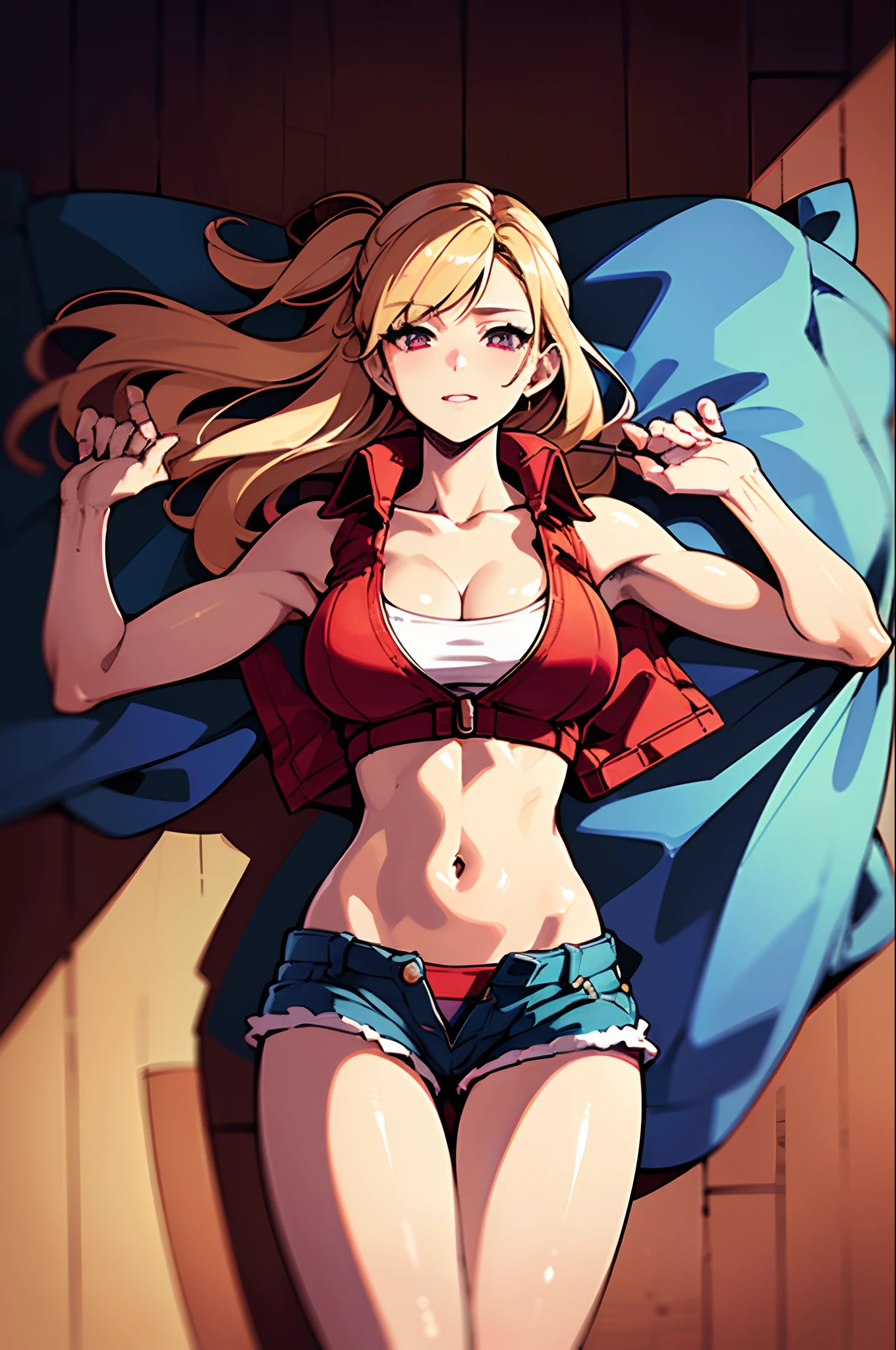 1girl,(Best quality,High resolution,Masterpiece:1.2),Terry Bogard girl,Blond hair,short blouse,red sleeveless jacket, denim shorts, barefoot,lying on a bed,Aerial view,View from above, view from the roof,Viewing the viewer,Female body,Female curves,Perfect anatomy,Full body,Arms and legs lying on the bed