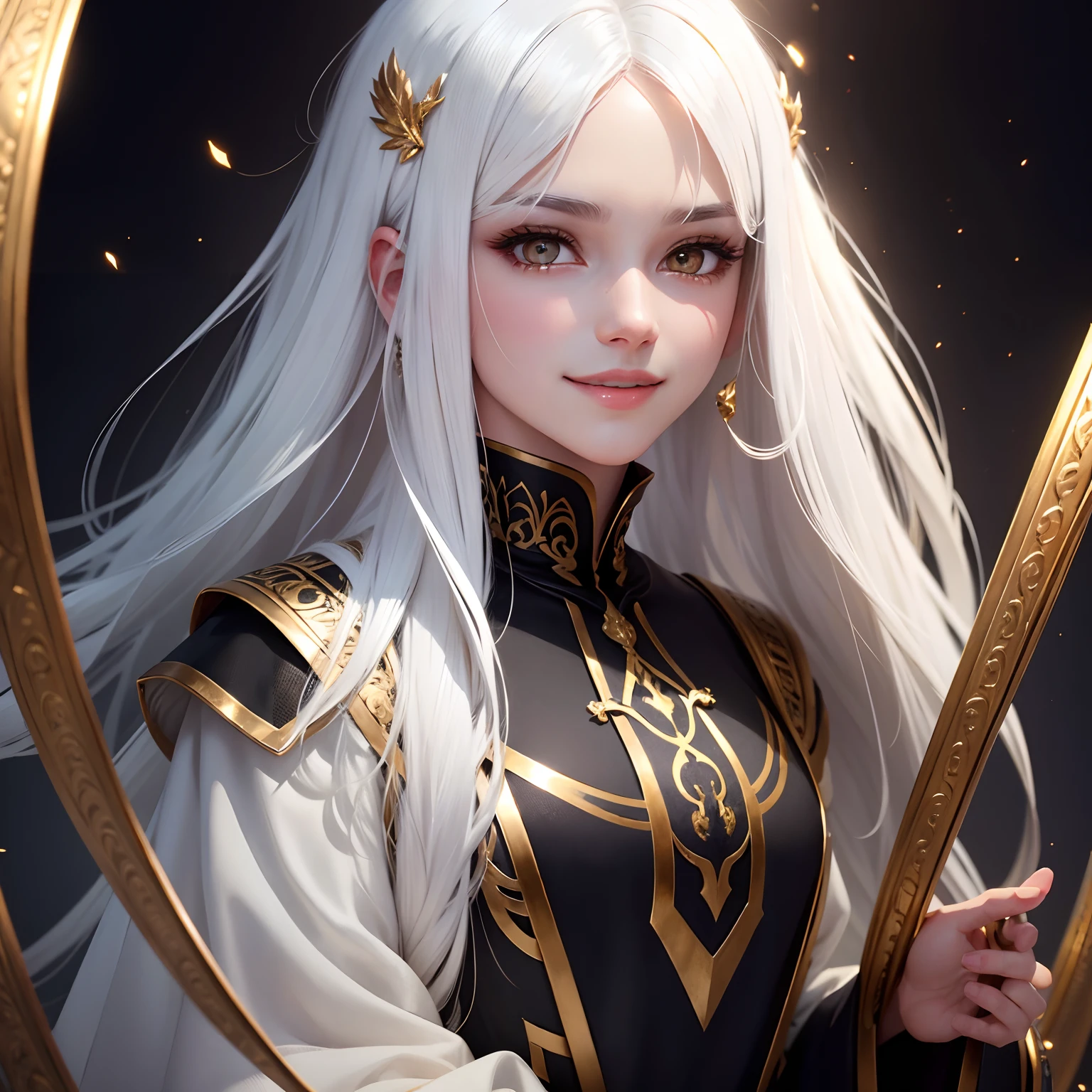 best quality, white hair, gold eyes, black clothes, looking up, upper body, hair strand, Fair skin, smiling