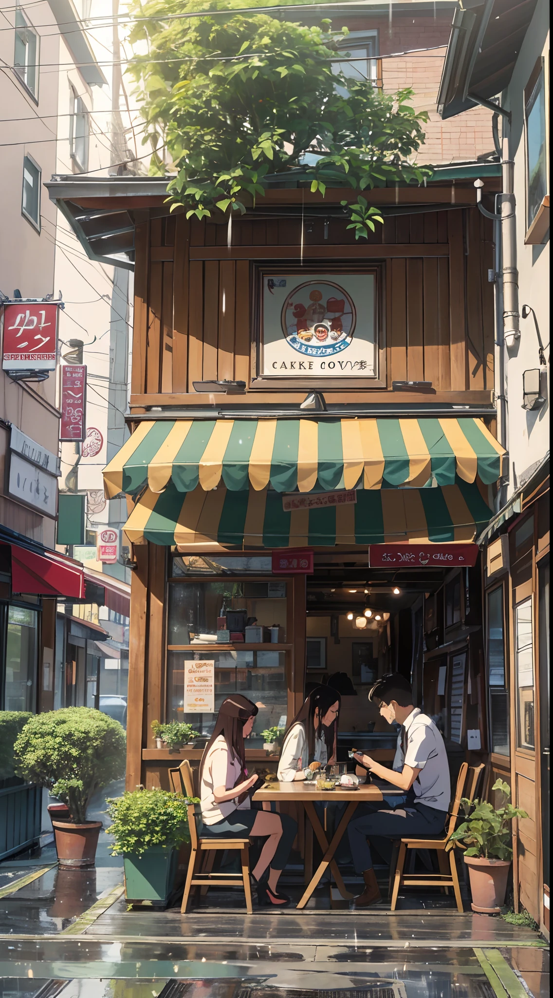 Visualize Aiko and Hiroshi's love flourishing, symbolized by the cafe as a place where their souls connected amidst the aroma of coffee and the sound of rain.