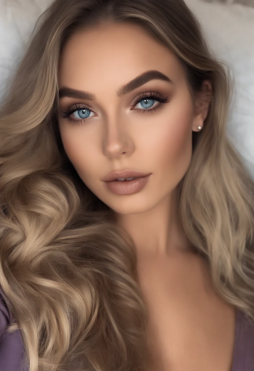 Arafed woman completely , fille sexy aux yeux bleus, ultra realist, Meticulously detailed, Portrait Sophie Mudd, cheveux blonds et grands yeux, selfie of a young woman, Yeux de chambre, Violet Myers, sans maquillage, maquillage naturel, looking straight at camera, Visage avec Artgram, Maquillage subtil, Superbe photo du corps entier, lying at the bed, dans la chambre, Ne porter que des culottes, Pas de soutien-gorge, , , Medium to large bust
