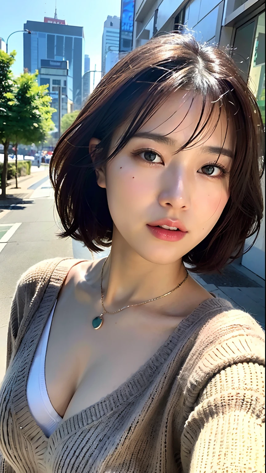 (top-quality、8k、32k、masterpiece、UHD:1.2)、Photo of a cute Japanese woman、large full breasts、very short bobbed hair、The upper part of the body、sface focus、oversized_sweater、a necklace、City background、From above、looking at the viewers、