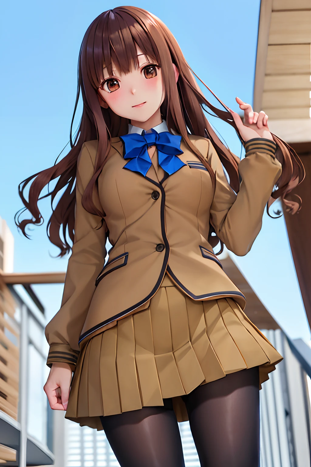 masutepiece, Best Quality, hight resolution, HMKH1, blue bowtie, blue bow, Brown skirt, Brown jacket, Black pantyhose, School uniform, Cowboy Shot, a miniskirt、((self lift))、((skirt rift))、View from below、((Show panties))