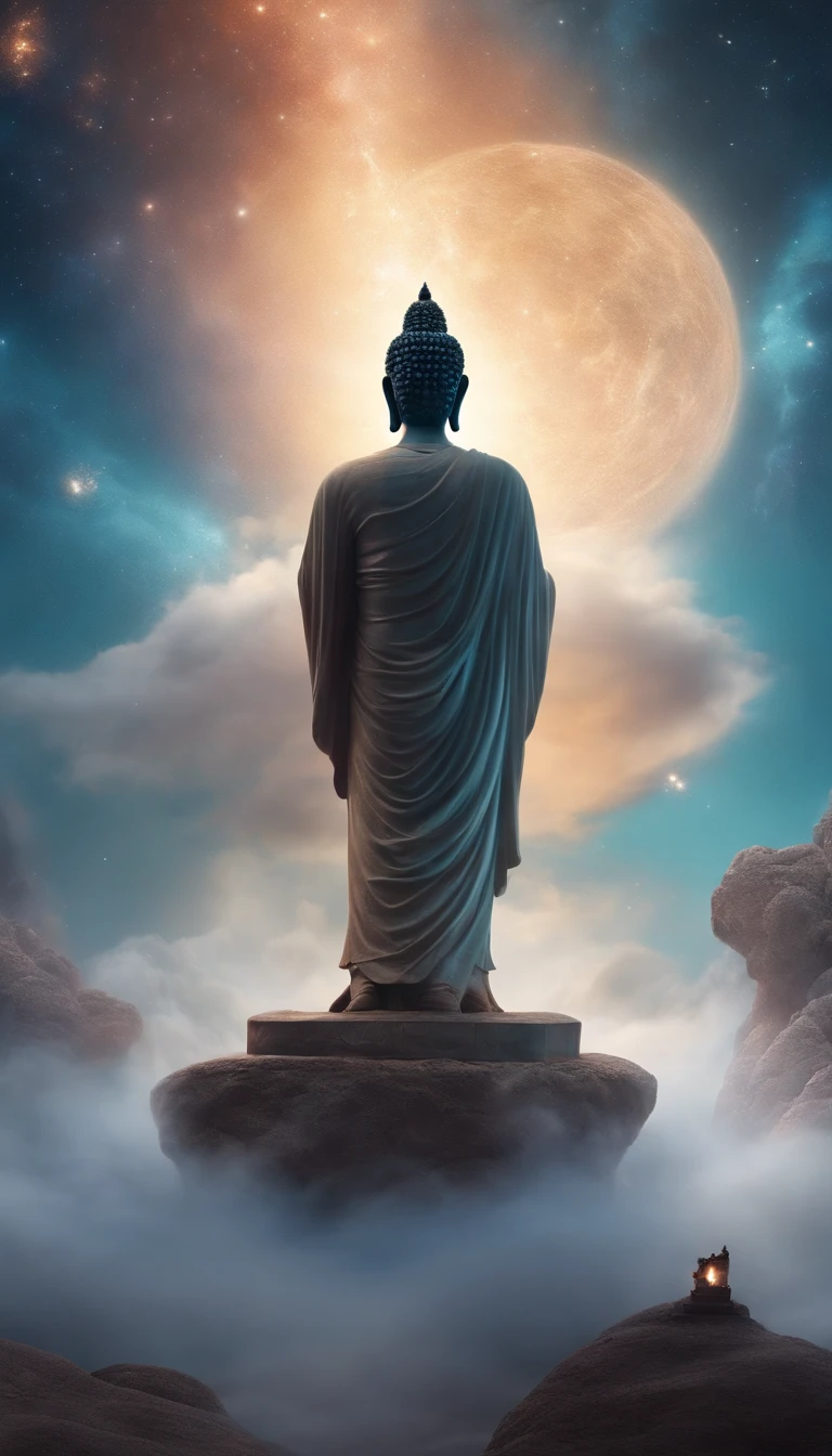 1200s. ily. Buddha, A spell, There is spirit everywhere, Dynamic pose, Wind, Smoke, spark of light, Stars above the clouds, surrealism, Super realistic, Cinematic, pastel colour, Fantasy universe background