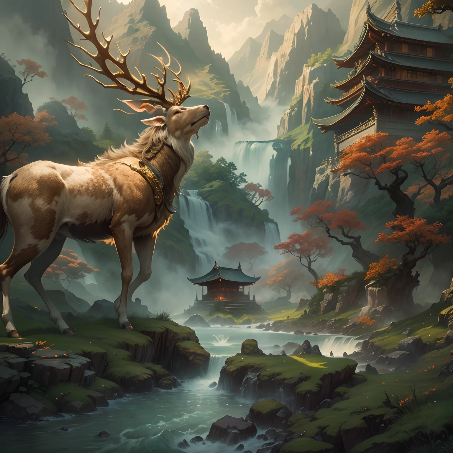 (Best quality,8K,A high resolution,Masterpiece:1.2),Ultra-detailed,(Realistic,Photorealistic,photo-realistic:1.37),Ancient beasts from hell,Chinese mythology,Mountain and Sea Sutra,the mountains and the sea,Ancient legends,mythological creatures,Sparkling golden scales,deer antlers,mane hair,quadrupedal,Sharp claws,beast of prey,buck teeth,sparkling big eyes,Gold Warframe,golden rays of sunlight, Misty clouds,Flowing waterfalls, Towering mountains, Un bosque tranquilo, Intricate fantasy ink painting, Detailed fantasy ink illustration, fantasy highly detailed, beautiful detailed fantasy, magic fantasy highly detailed, highly detailed fantasy art, epic rivendell fantasy, japanese fantasy, detailed fantasy digital art, Chinese fantasy, detailed fantasy art,