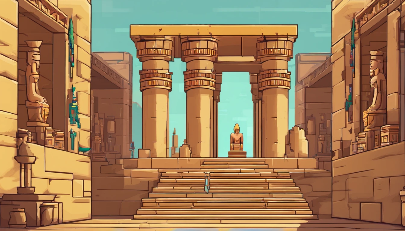 a cartoon egyptian temple with a statue of anubis and other statues, egyptian mummy king, egyptian setting, in an ancient tomb, ancient interior tent background, ancient persian temple dungeon, egyptian environment, egyptian atmosphere, the egyptian god, egyptian style, hieroglyphic occult, ancient egypt painting, background image, game asset occult, pharaoh clothes, ancient, background depicting a temple