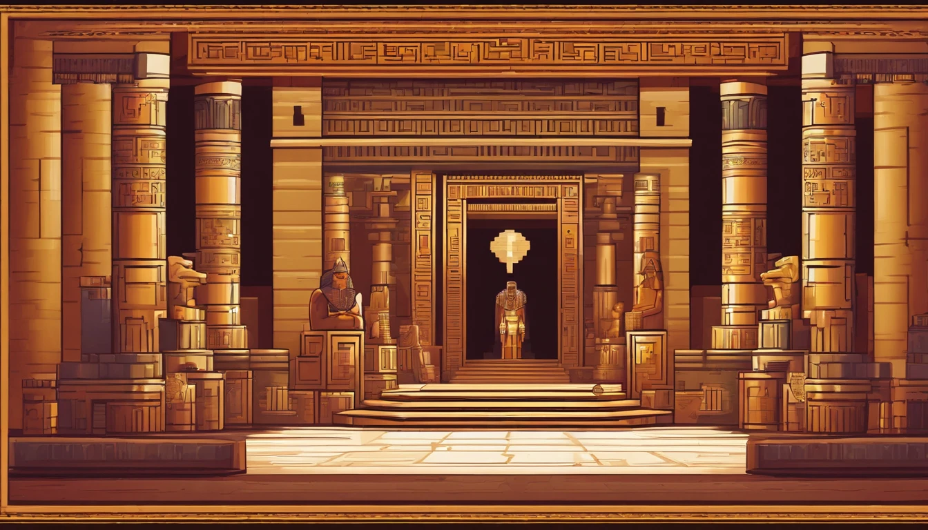 a cartoon egyptian temple with a statue of anubis and other statues, egyptian mummy king, egyptian setting, in an ancient tomb, ancient interior tent background, ancient persian temple dungeon, egyptian environment, egyptian atmosphere, the egyptian god, egyptian style, hieroglyphic occult, ancient egypt painting, background image, game asset occult, pharaoh clothes, ancient, background depicting a temple