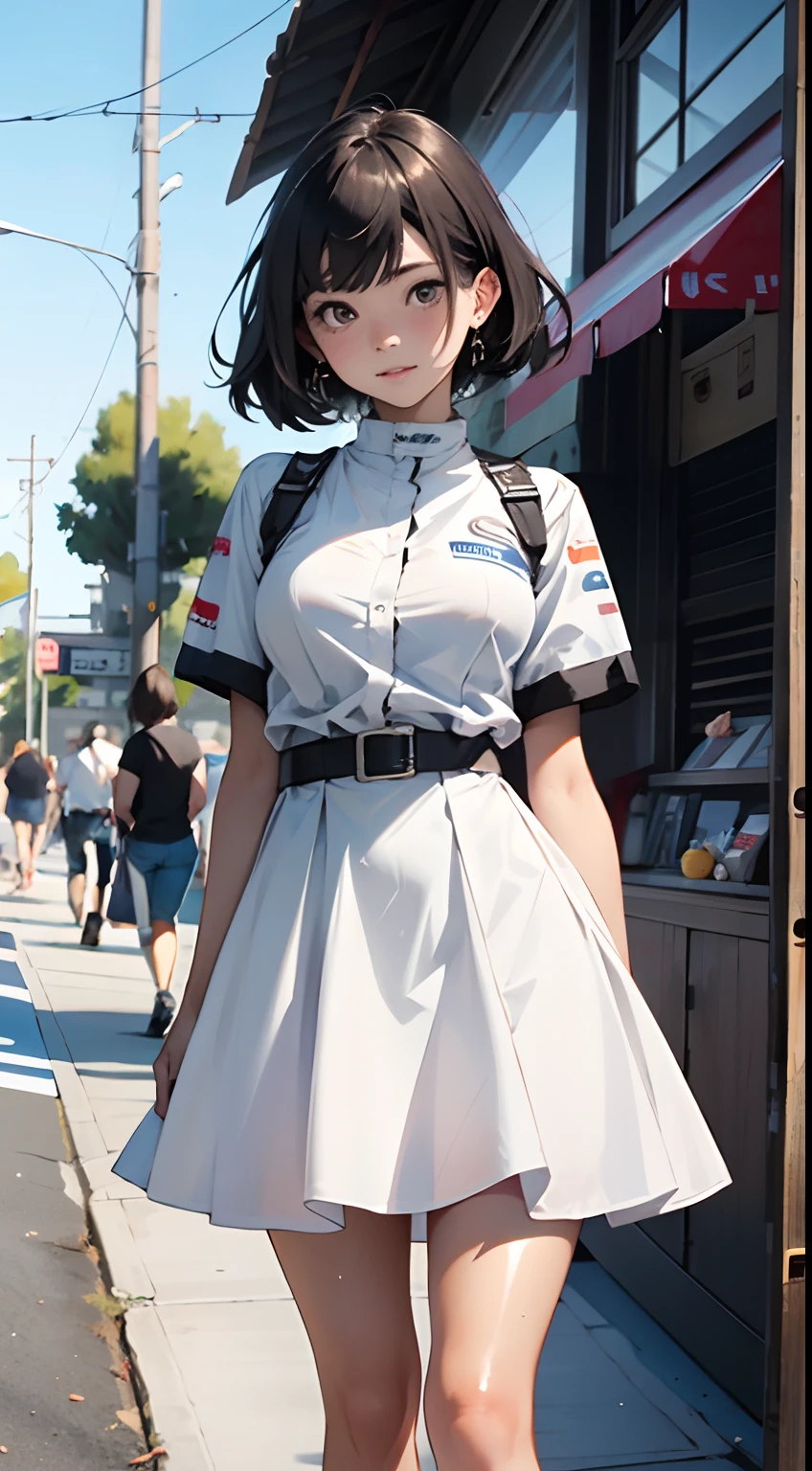 1girl、((top-quality)), ((​masterpiece)), 、A smile、 Pitch Resuit、knee high,white、Adult Woman、 Sobbing tears、、 short-cut、see through、dress lift、l、Race Queen、A slender、 , master paintings, best quality, Photorealistic, ultra-detailliert, (shiny skins, perspired:1.4), Look at the big crowd, With short black hair, Brown-eyed,slender,dynamic light and shadow,hight resolution,Sharp Focus,depth of view,The eyes are delicate,Sharp pupils,pupil realistic,(Colossal tits),、A slender,outside of house,Skysky,Wearing a grid_girl outfit with sponsor's logo printed, (standing in a motorsport racing)+,, left hand on waist, full body , standing 3-4 feet away from the camera