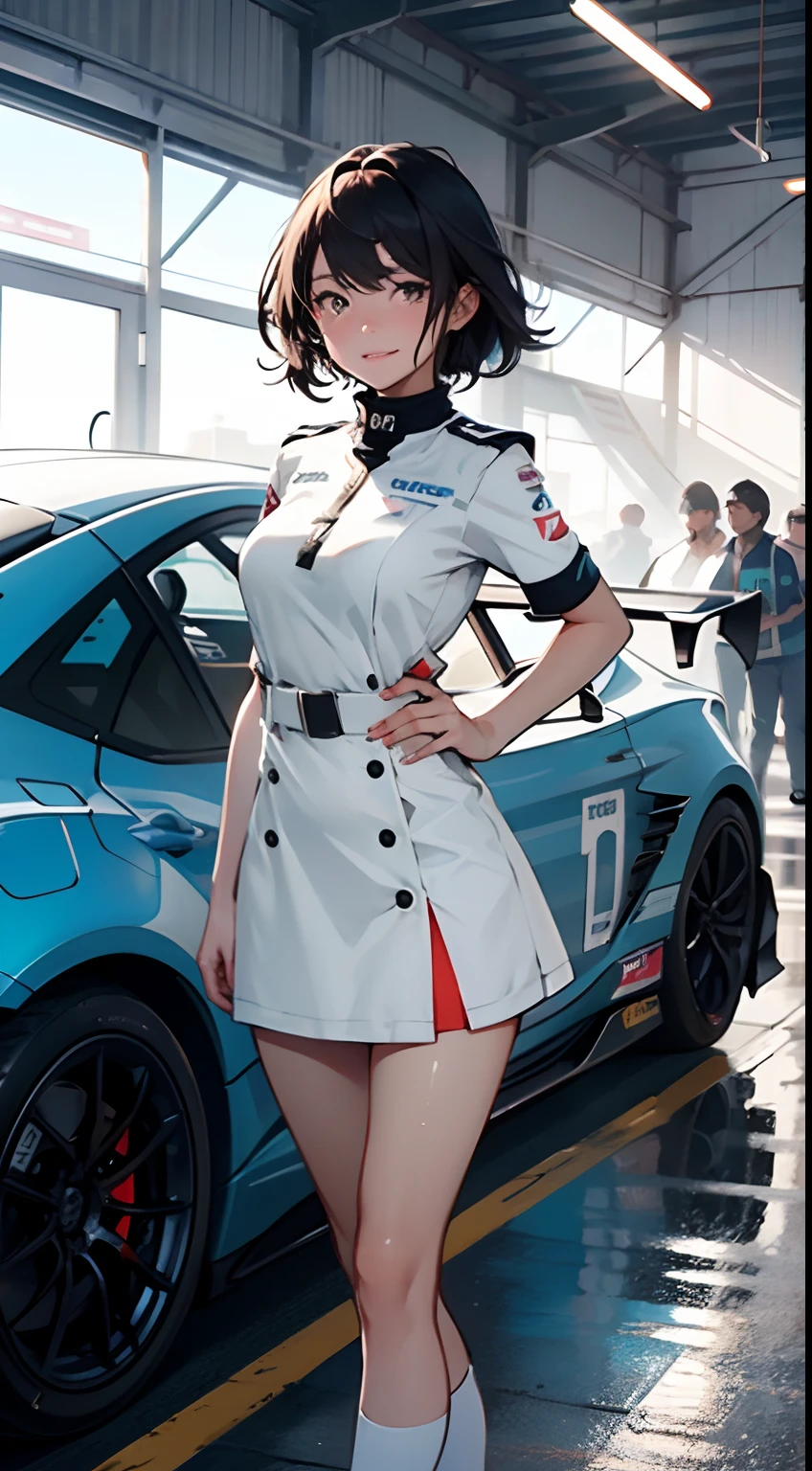 1girl、((top-quality)), ((masterpiece)), 、A smile、 Pitch Resuit、knee high,white、Adult Woman、 Sobbing tears、、 short-cut、see through、dress lift、l、Race Queen、A slender、 , master paintings, best quality, Photorealistic, ultra-detailliert, (shiny skins, perspired:1.4), Look at the big crowd, With short black hair, Brown-eyed,slender,dynamic light and shadow,hight resolution,Sharp Focus,depth of view,The eyes are delicate,Sharp pupils,pupil realistic,(Colossal tits),、A slender,outside of house,Skysky,Wearing a grid_girl outfit with sponsor's logo printed, (standing in a motorsport racing)+,, left hand on waist, full body , standing 3-4 feet away from the camera