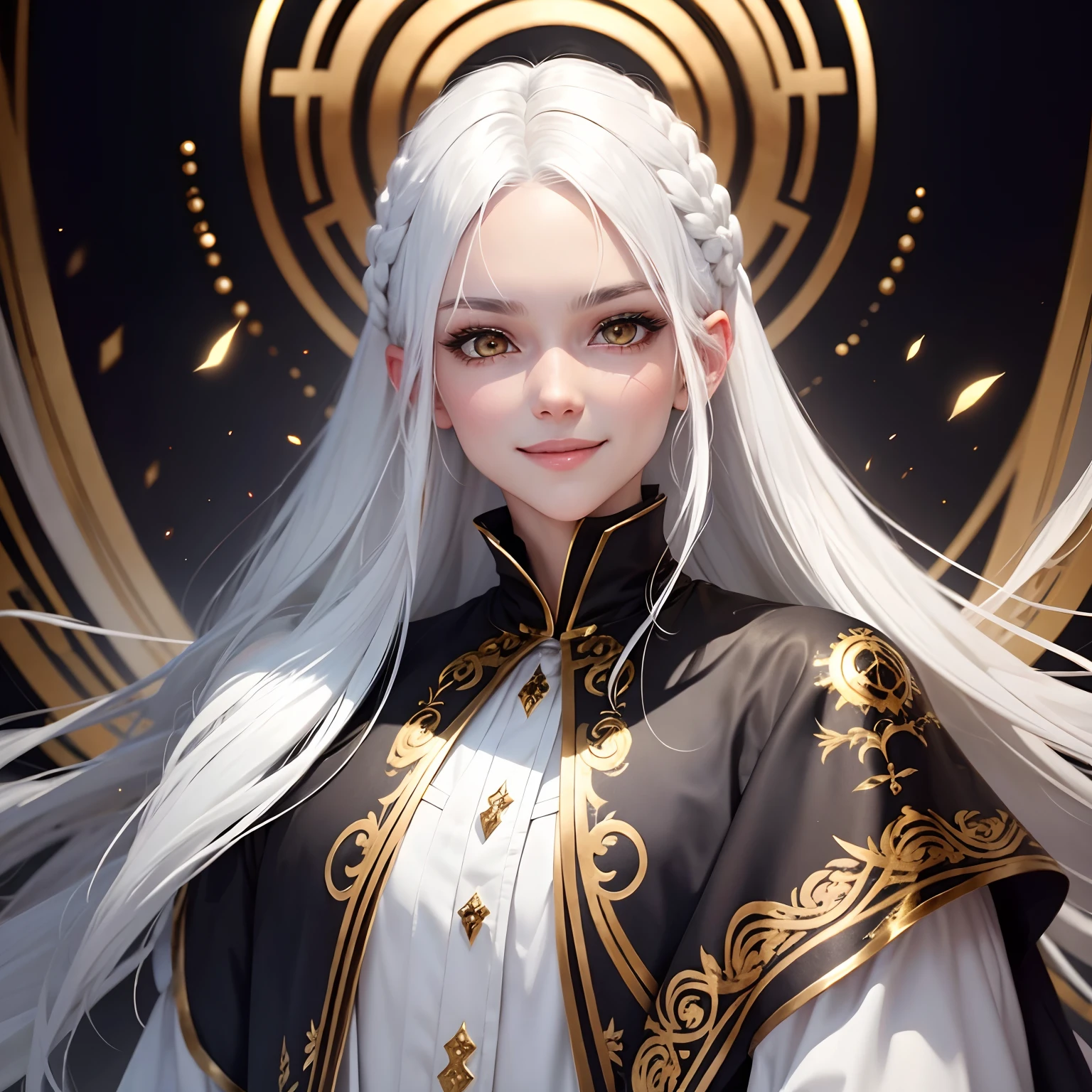 best quality, white hair, gold eyes, black clothes, looking up, upper body, hair strand, Fair skin, smiling
